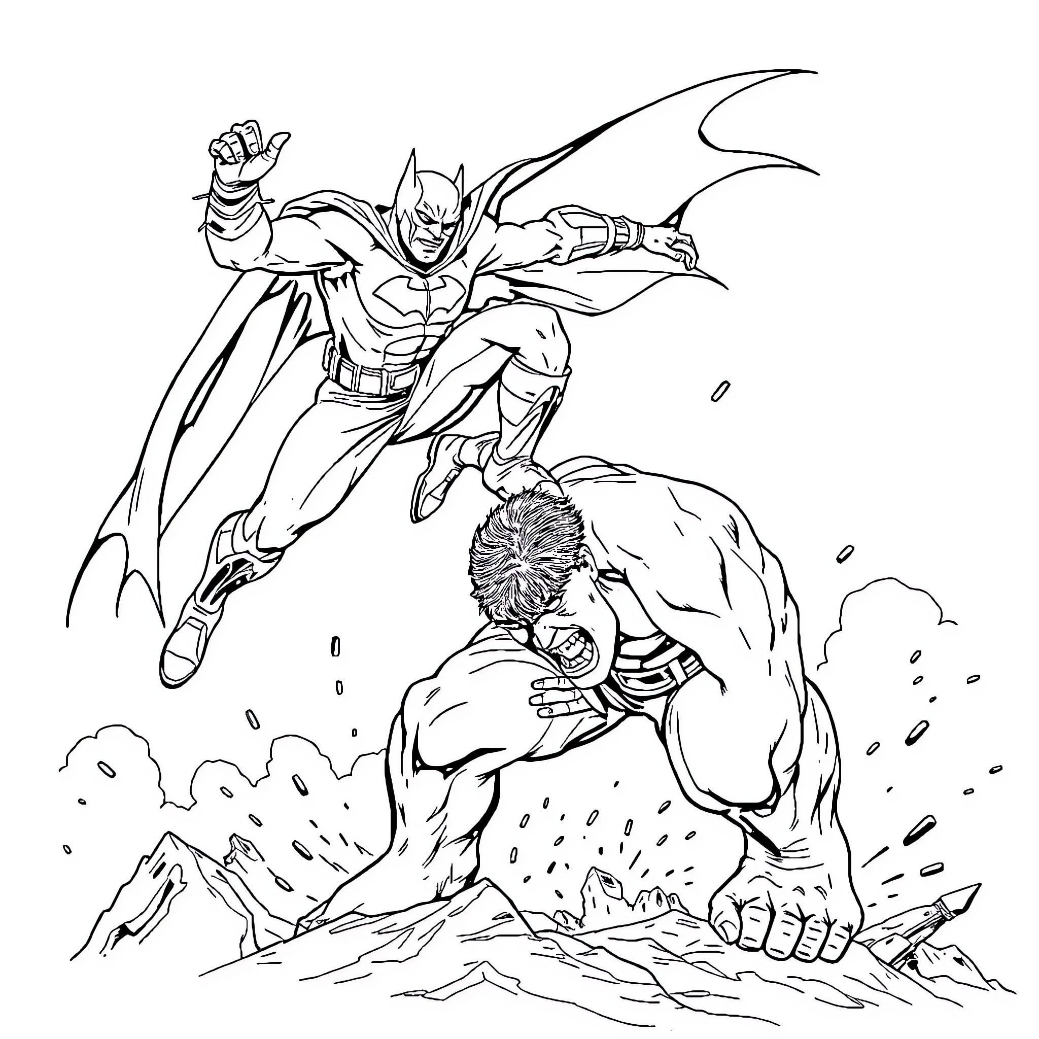 Batman battling a monstrous foe in a dramatic scene Coloring Page (free black-and-white line drawing printable PDF for all, from beginners to advanced learners, including children, teens, adults, and seniors)