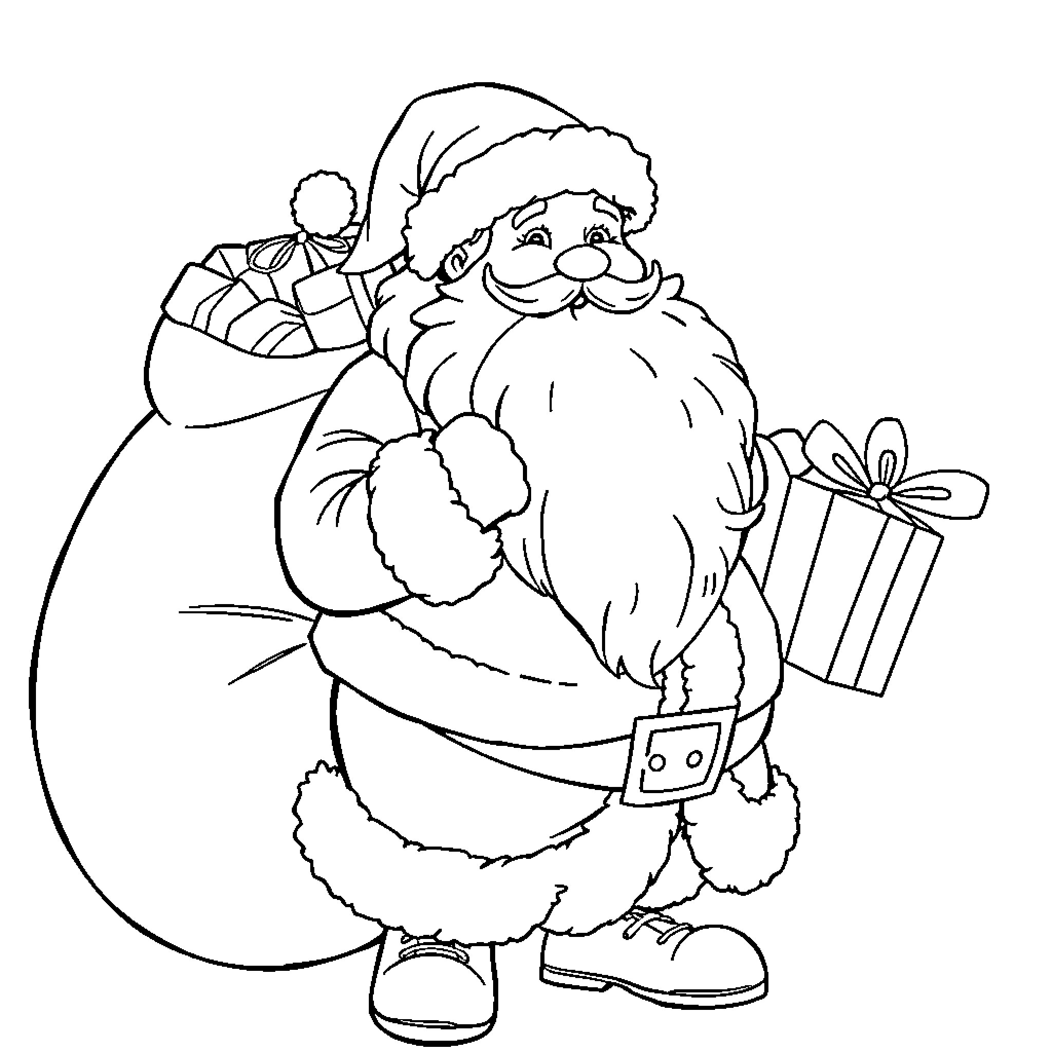 Santa Claus delivering gifts with a jolly expression Coloring Page (free black-and-white line drawing printable PDF for all, from beginners to advanced learners, including children, teens, adults, and seniors)