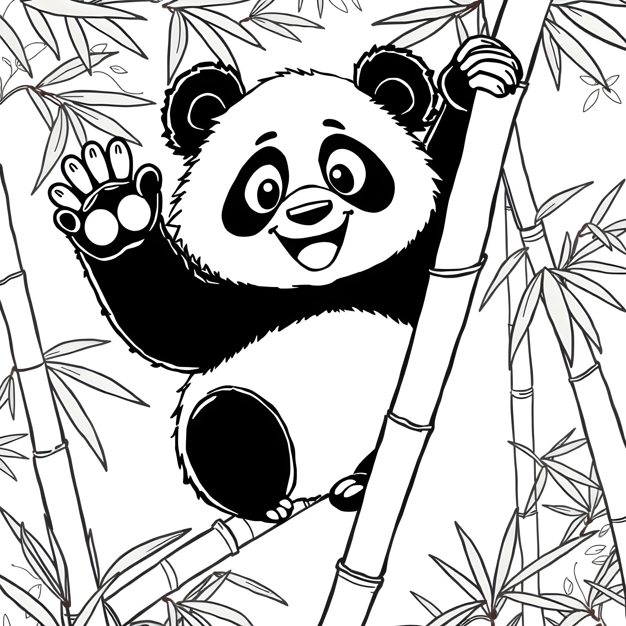 Panda playing happily in bamboo forest Coloring Page (free black-and-white line drawing printable PDF for all, from beginners to advanced learners, including children, teens, adults, and seniors)