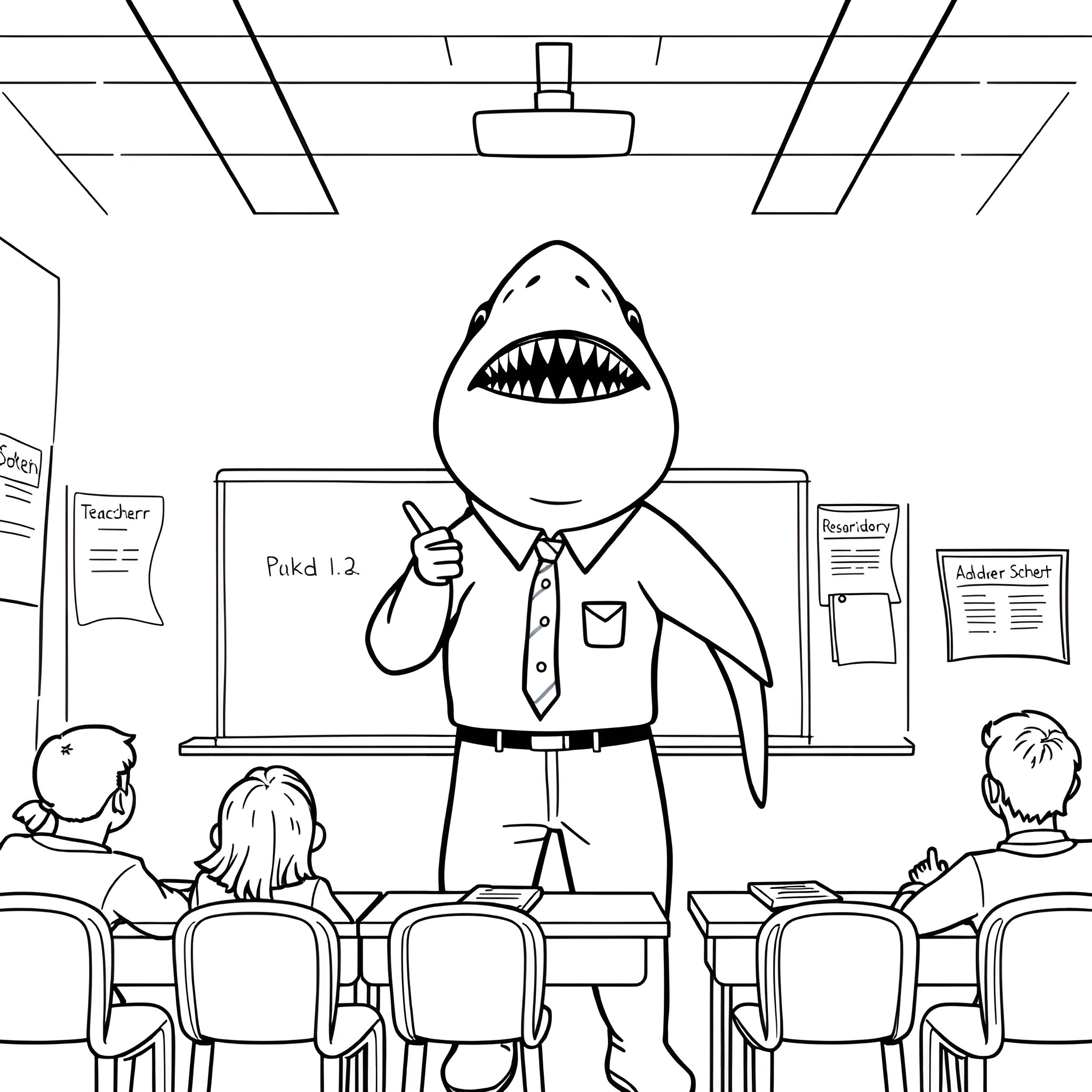 Shark teaching students in the classroom Coloring Page (free black-and-white line drawing printable PDF for all, from beginners to advanced learners, including children, teens, adults, and seniors)
