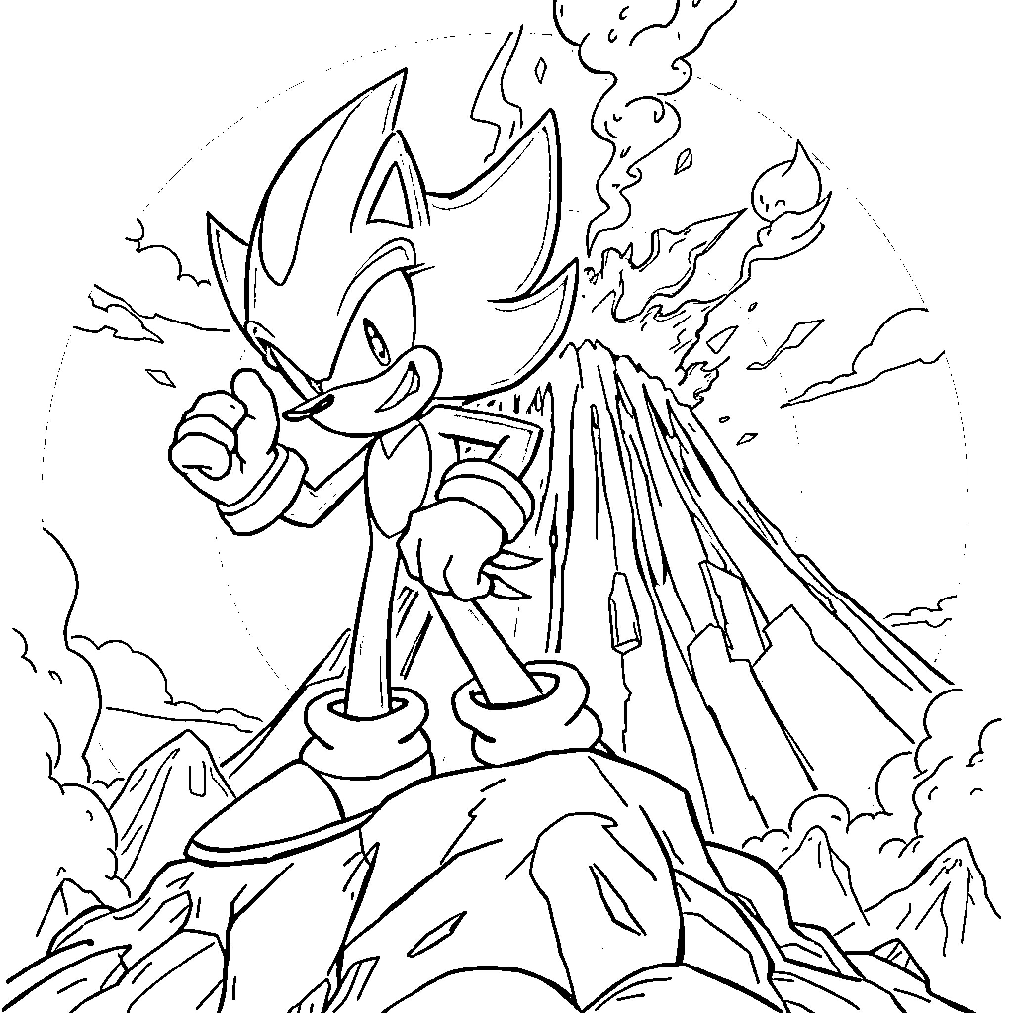 Shadow Hedgehog in Fierce Pose Coloring Page (free black-and-white line drawing printable PDF for all, from beginners to advanced learners, including children, teens, adults, and seniors)