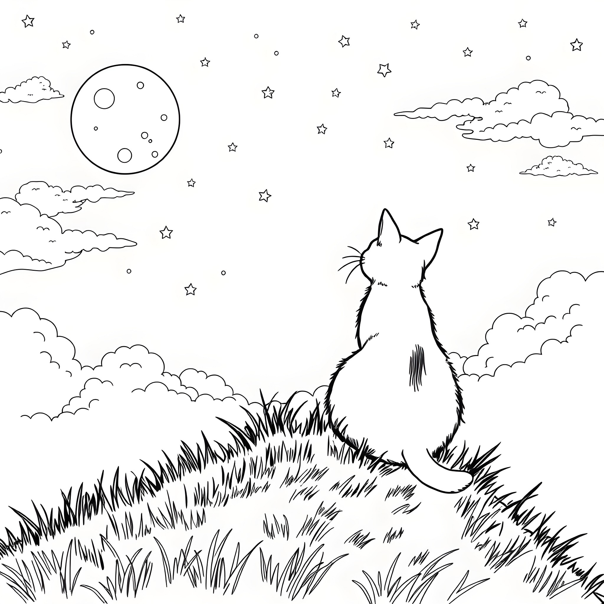 Cat gazing at the starry night sky Coloring Page (free black-and-white line drawing printable PDF for all, from beginners to advanced learners, including children, teens, adults, and seniors)