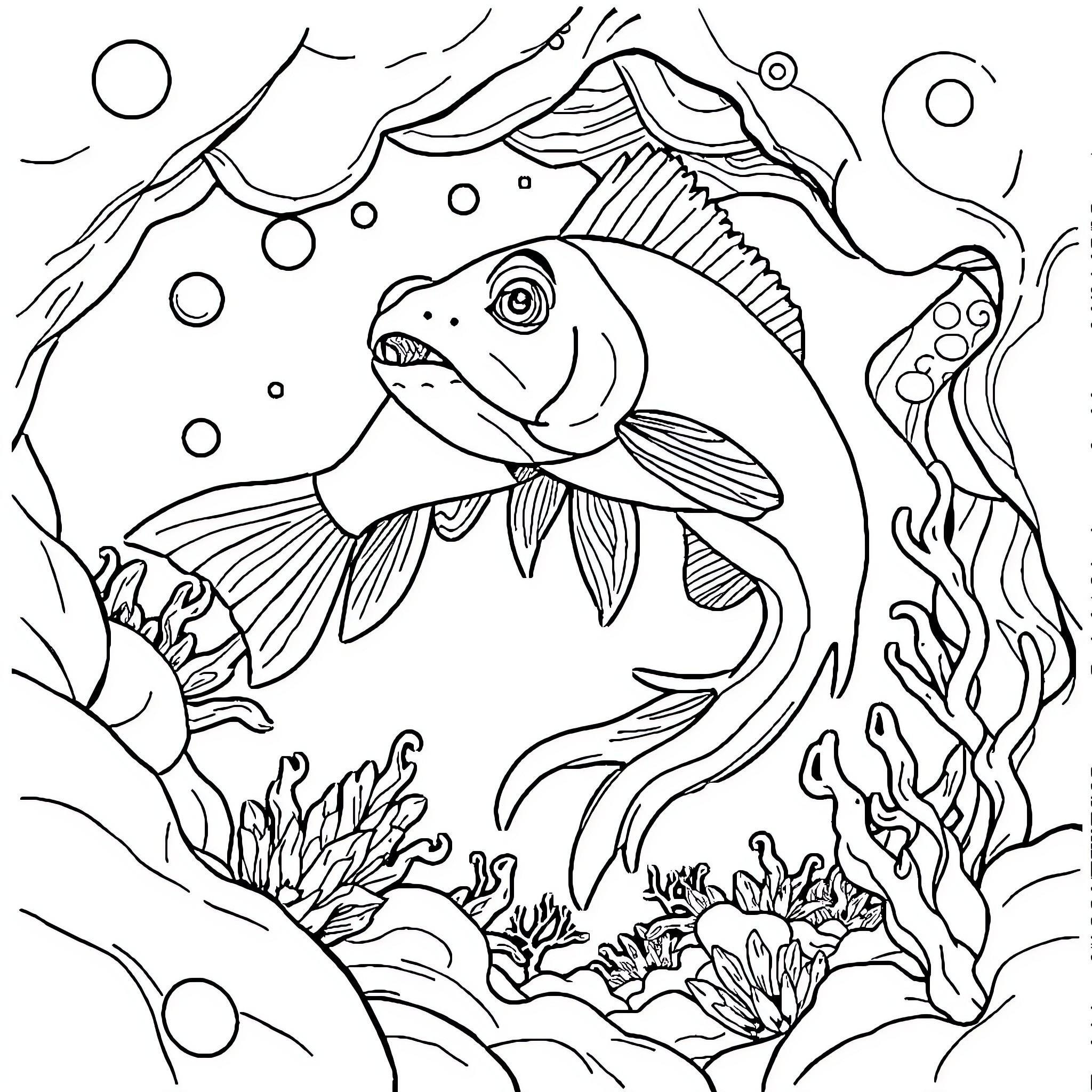 Trout swimming playfully in the underwater reef Coloring Page (free black-and-white line drawing printable PDF for all, from beginners to advanced learners, including children, teens, adults, and seniors)