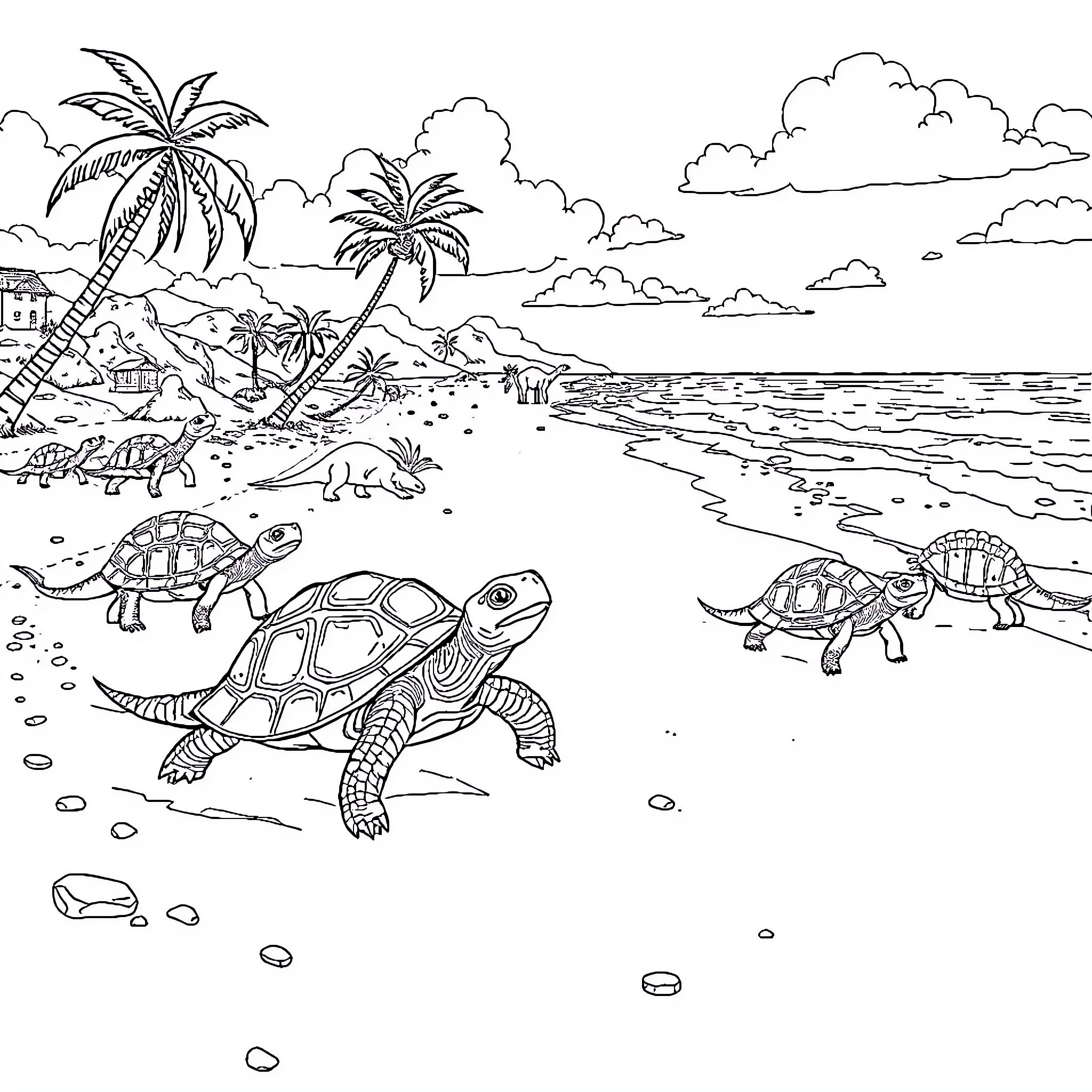 Turtles exploring the tropical beach scene Coloring Page (free black-and-white line drawing printable PDF for all, from beginners to advanced learners, including children, teens, adults, and seniors)