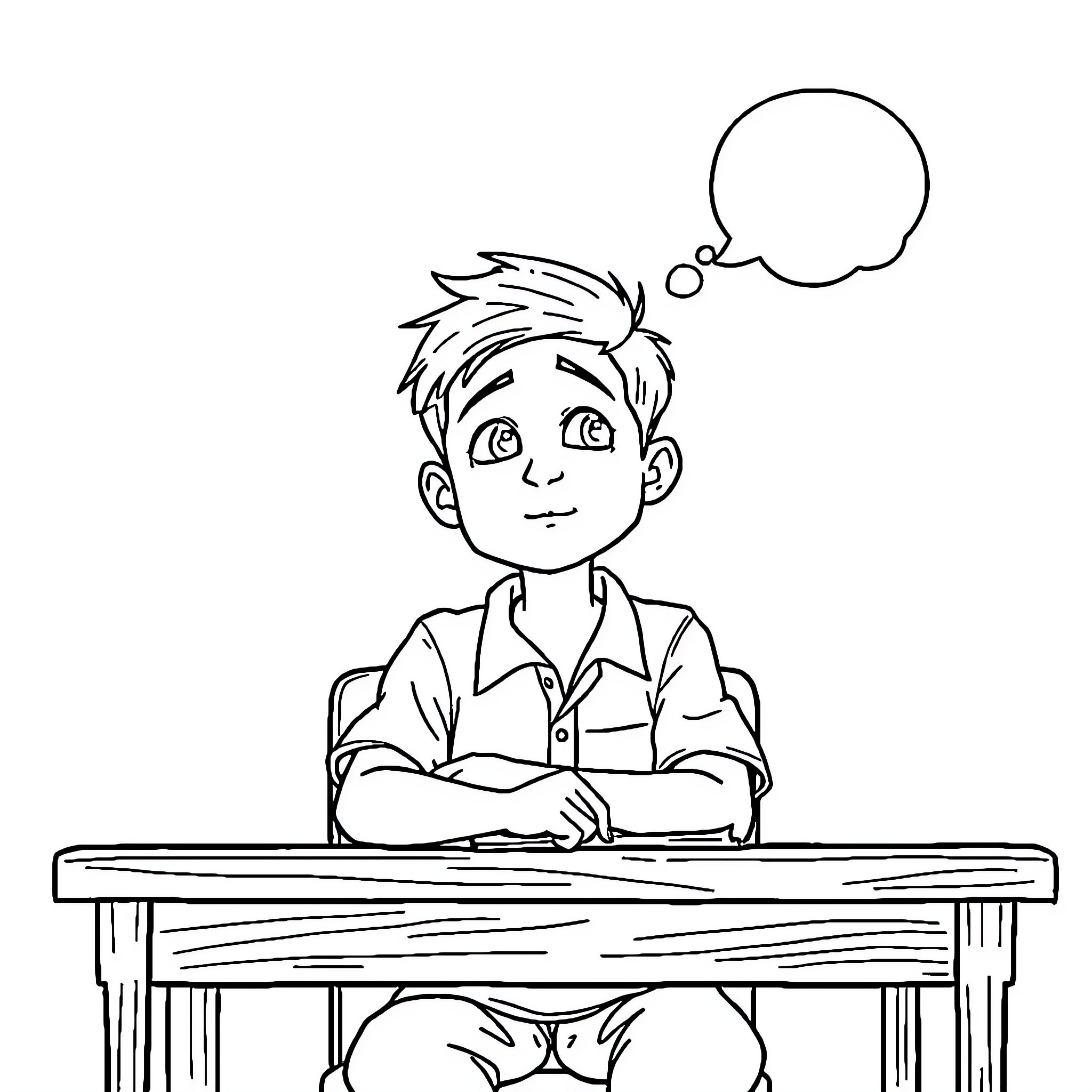 Student sitting at desk with thought bubble Coloring Page (free black-and-white line drawing printable PDF for all, from beginners to advanced learners, including children, teens, adults, and seniors)
