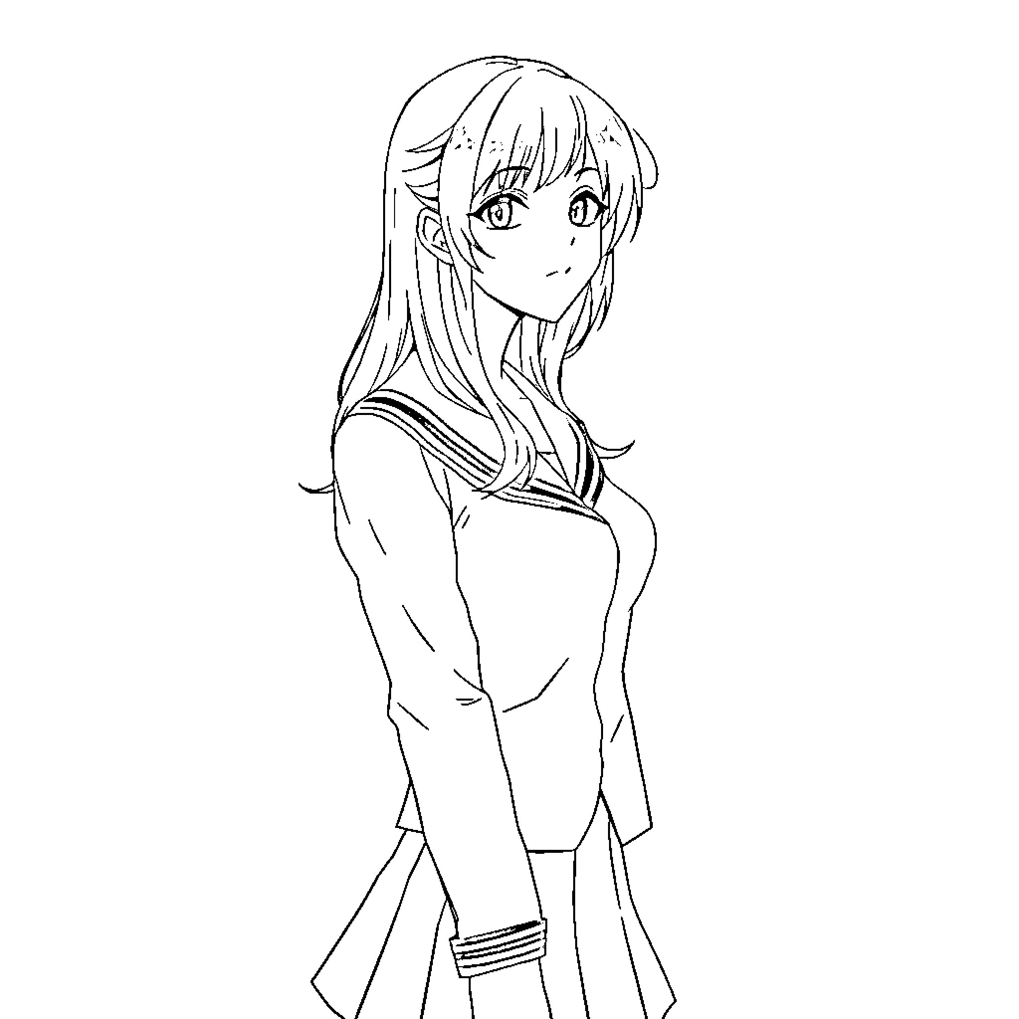 Asuka Langley in contemplative pose Coloring Page (free black-and-white line drawing printable PDF for all, from beginners to advanced learners, including children, teens, adults, and seniors)