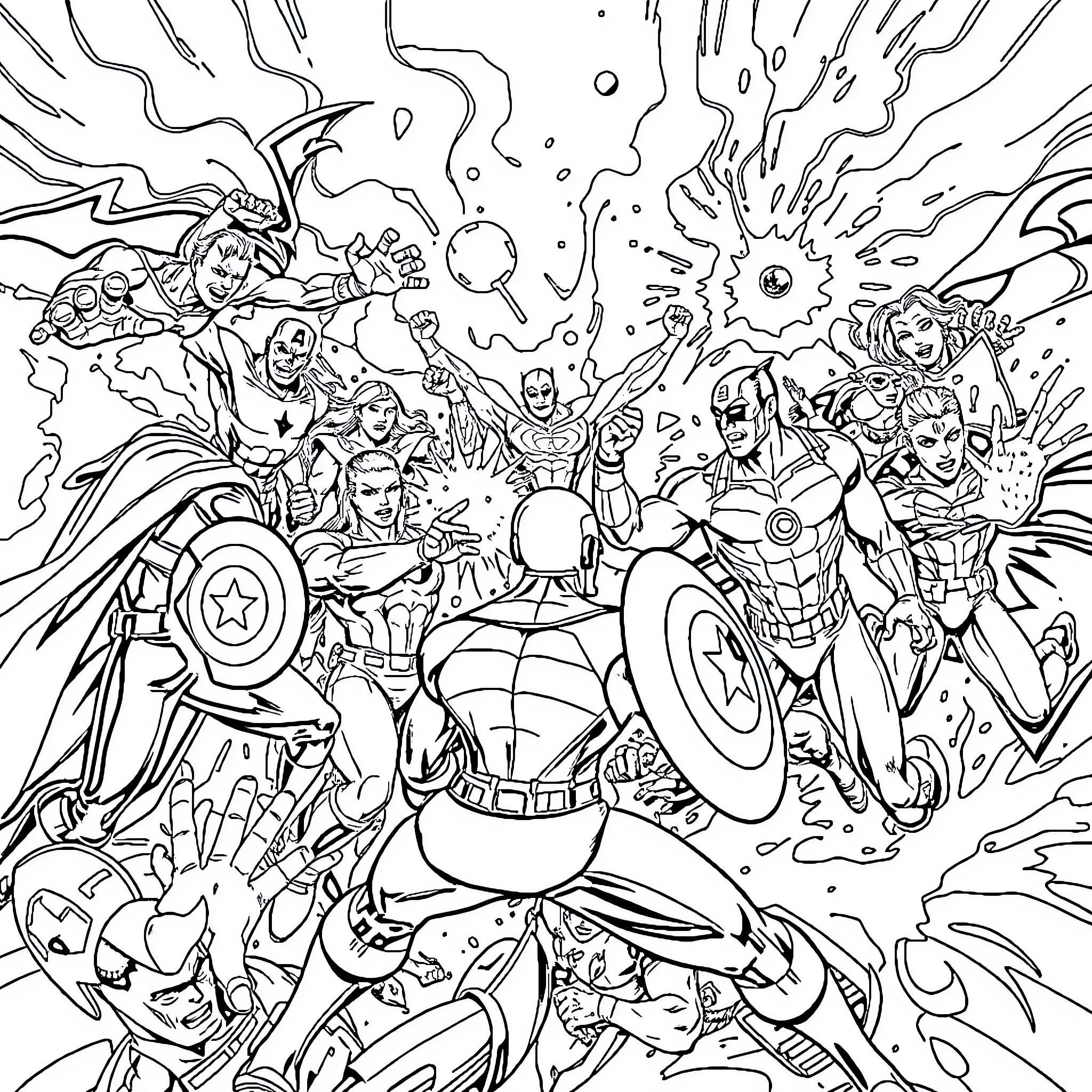Superheroes in an action-packed adventure Coloring Page (free black-and-white line drawing printable PDF for all, from beginners to advanced learners, including children, teens, adults, and seniors)