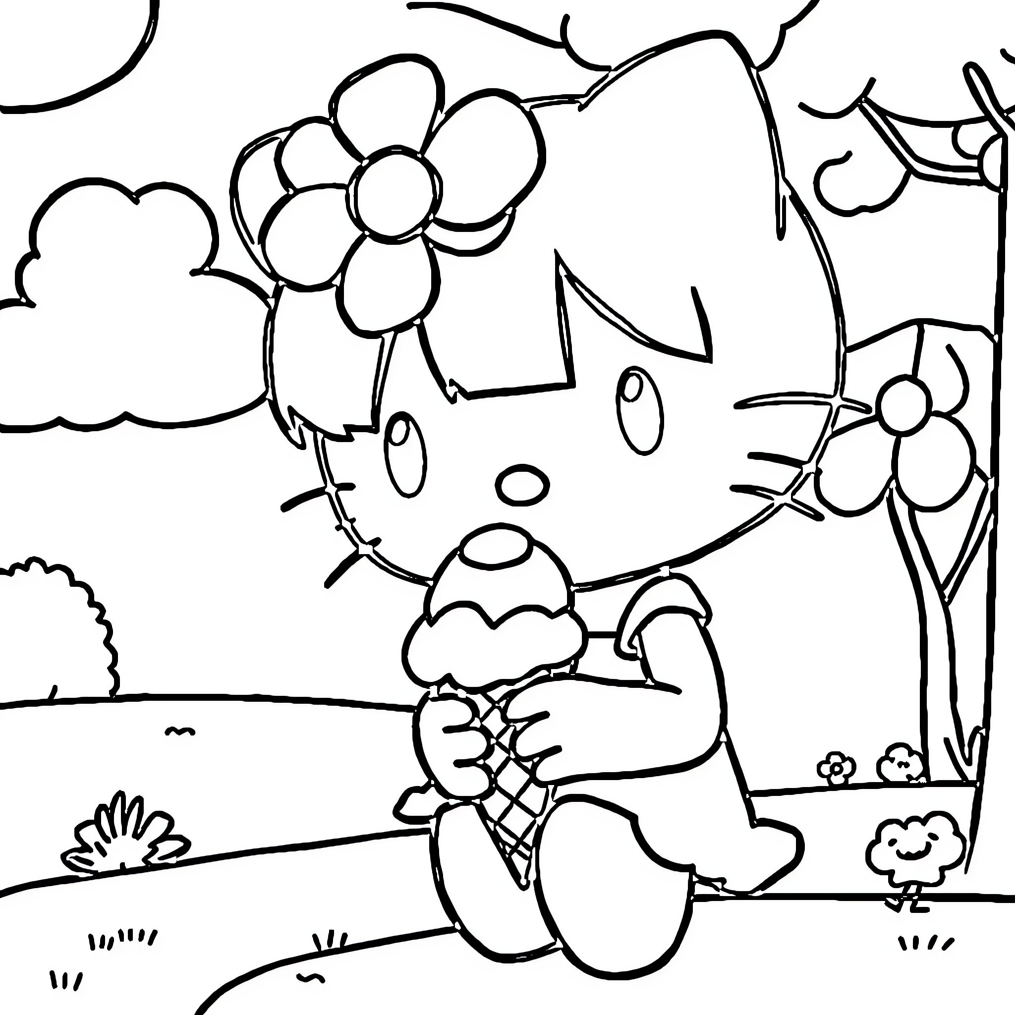 Kuromi enjoying the outdoors with flowers Coloring Page (free black-and-white line drawing printable PDF for all, from beginners to advanced learners, including children, teens, adults, and seniors)