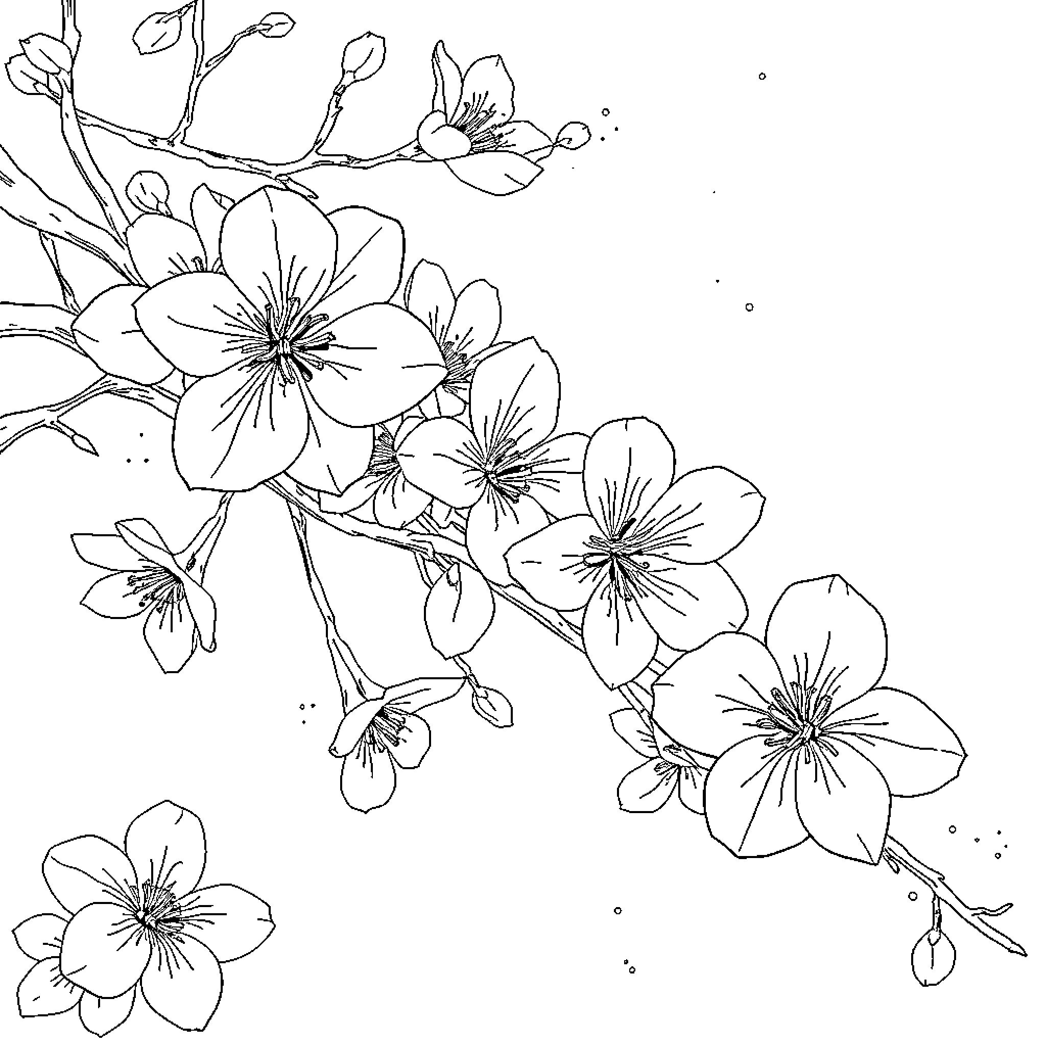 Cherry Blossoms Blooming on Branch Coloring Page (free black-and-white line drawing printable PDF for all, from beginners to advanced learners, including children, teens, adults, and seniors)