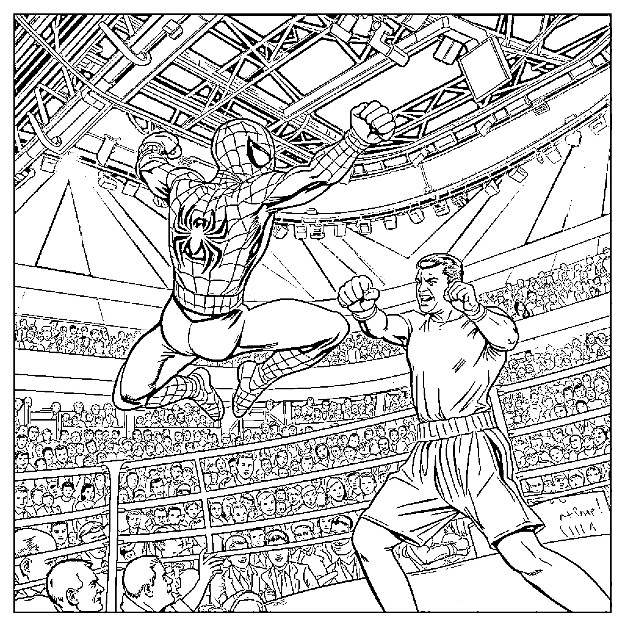 Spider-Man engaging in action-packed heroics at the stadium Coloring Page (free black-and-white line drawing printable PDF for all, from beginners to advanced learners, including children, teens, adults, and seniors)