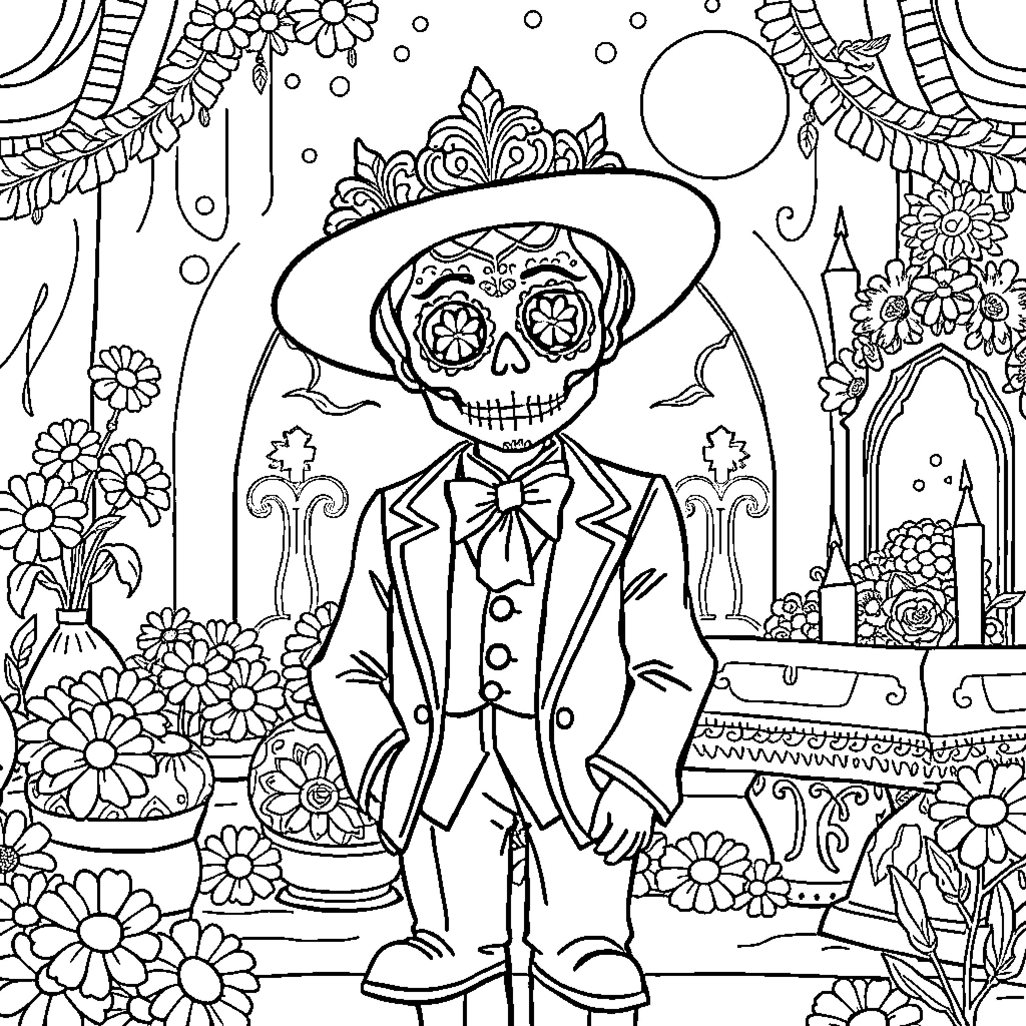 Little Prince's Whimsical Day in Floral Garden Coloring Page (free black-and-white line drawing printable PDF for all, from beginners to advanced learners, including children, teens, adults, and seniors)