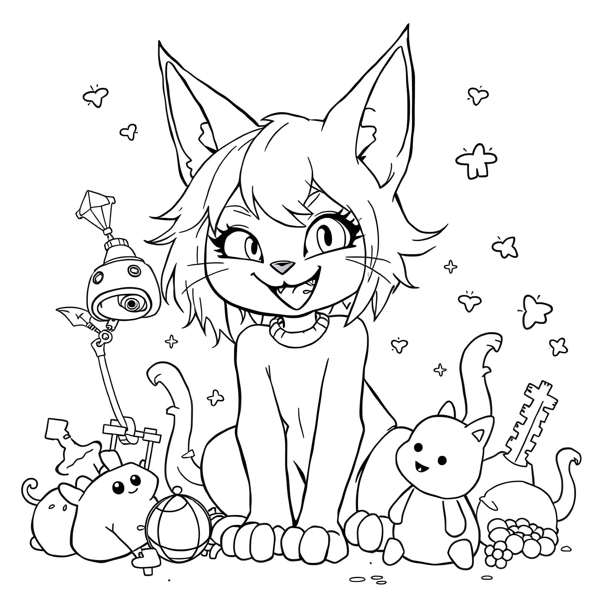Catgirl surrounded by cute robotic and furry companions Coloring Page (free black-and-white line drawing printable PDF for all, from beginners to advanced learners, including children, teens, adults, and seniors)