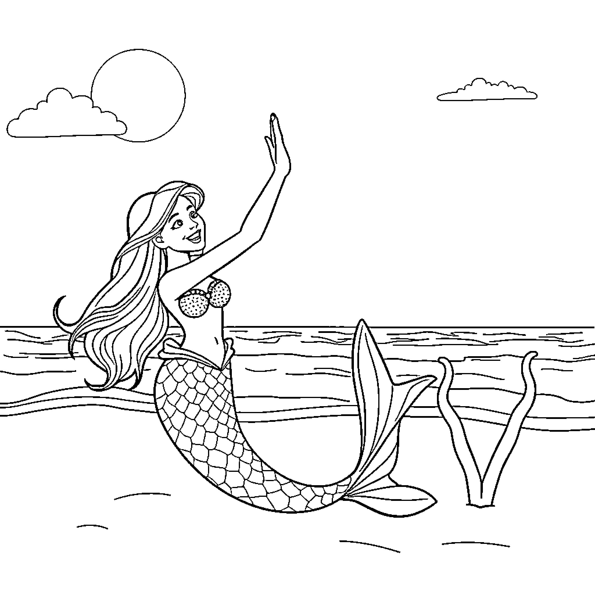 Mermaid enjoying the sea on a sunny day Coloring Page (free black-and-white line drawing printable PDF for all, from beginners to advanced learners, including children, teens, adults, and seniors)