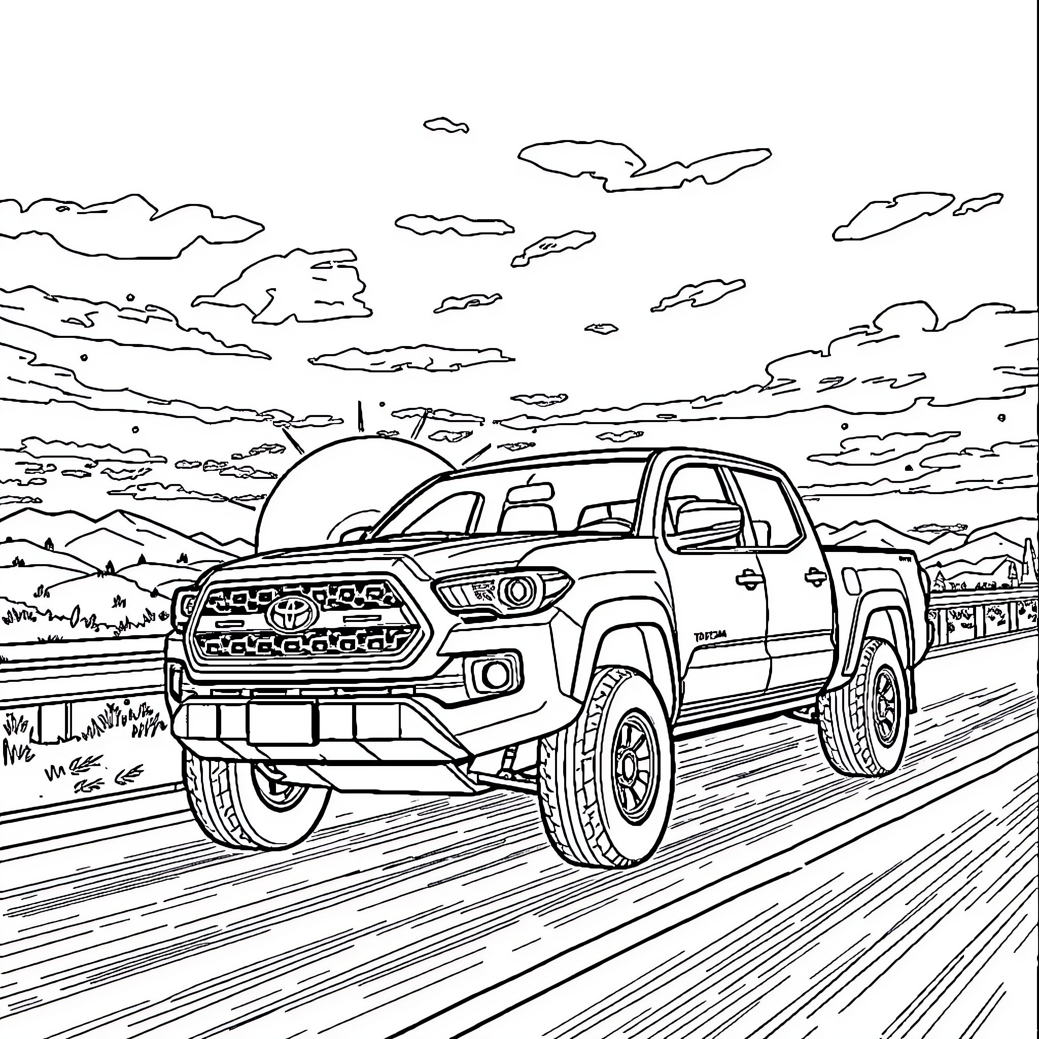 Toyota Tacoma driving on a scenic road Coloring Page (free black-and-white line drawing printable PDF for all, from beginners to advanced learners, including children, teens, adults, and seniors)