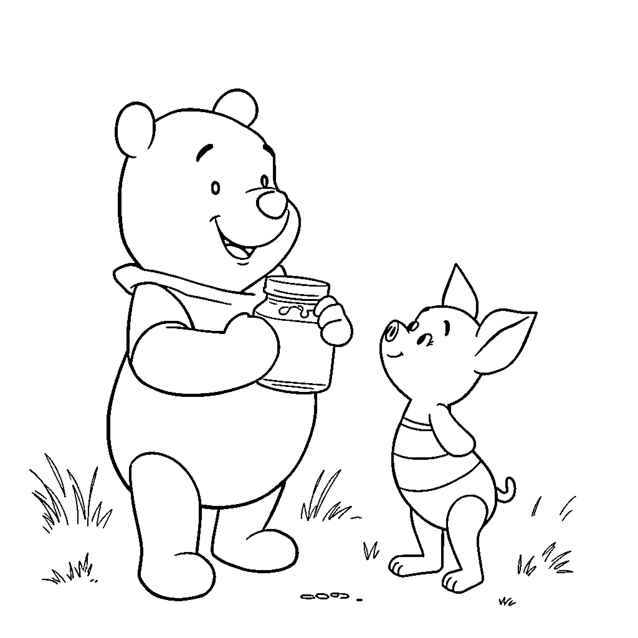 Winnie The Pooh and Piglet Enjoying the Day Coloring Page (free black-and-white line drawing printable PDF for all, from beginners to advanced learners, including children, teens, adults, and seniors)