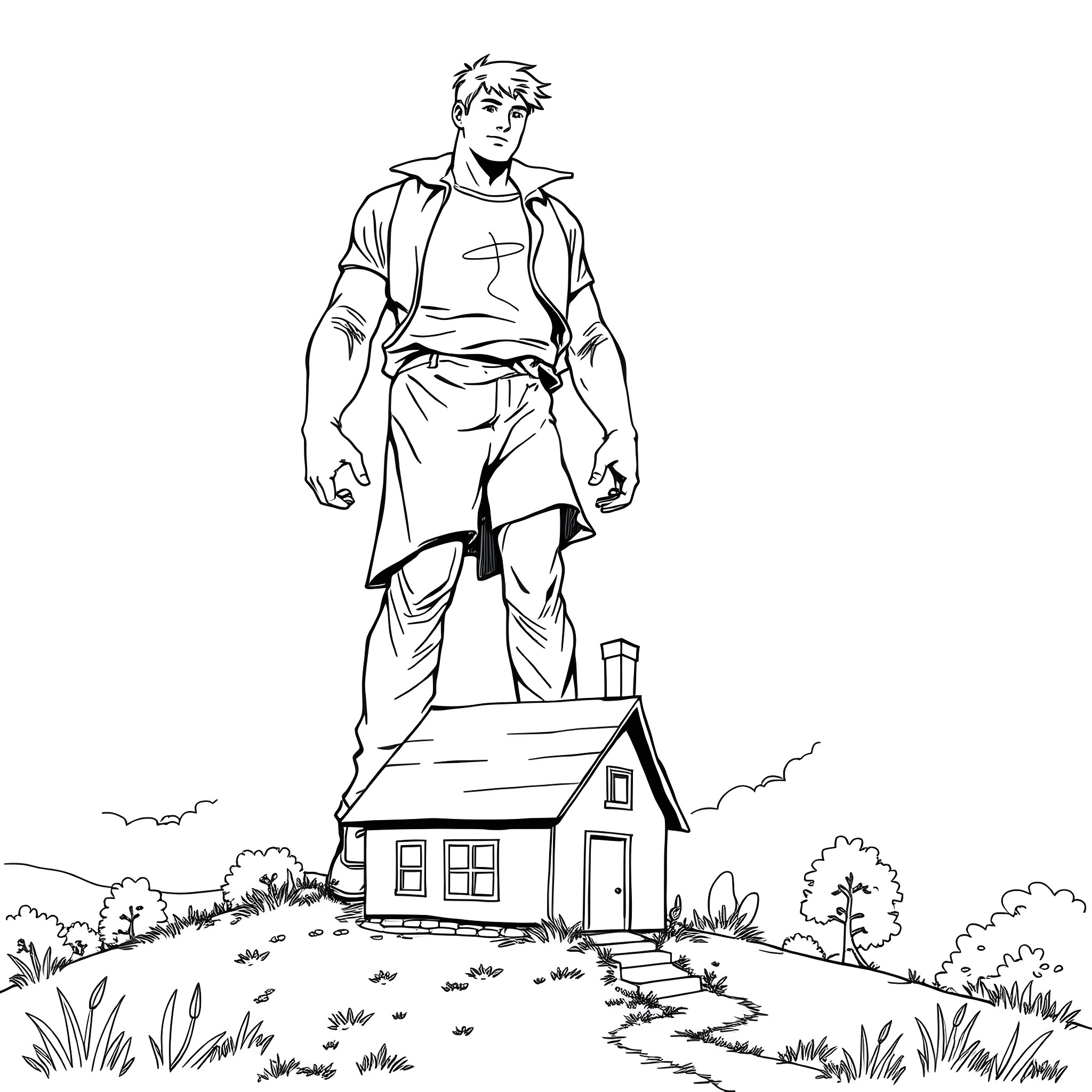 Boy stands tall in front of a quaint cottage Coloring Page (free black-and-white line drawing printable PDF for all, from beginners to advanced learners, including children, teens, adults, and seniors)