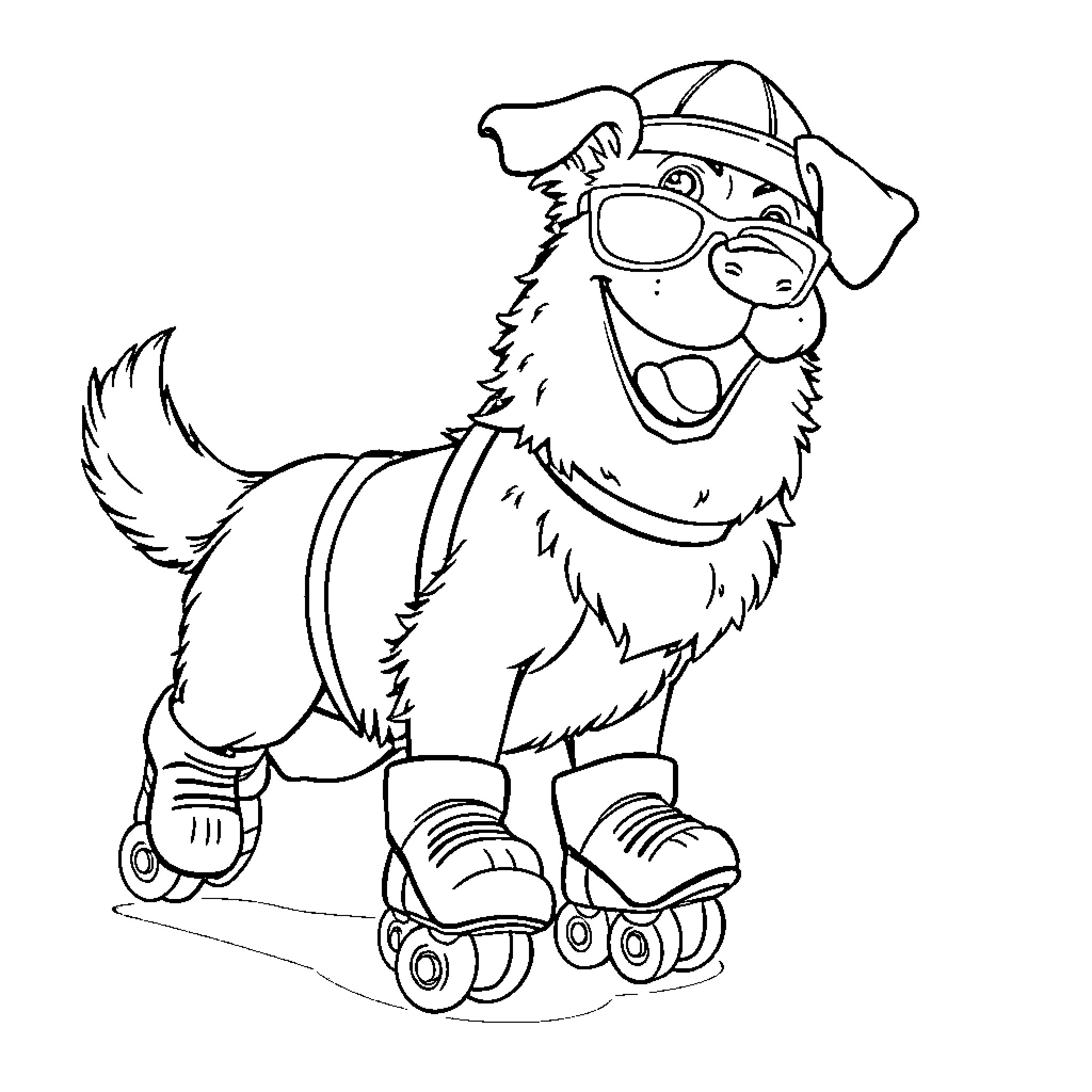 Dog riding roller skates with hat Coloring Page (free black-and-white line drawing printable PDF for all, from beginners to advanced learners, including children, teens, adults, and seniors)