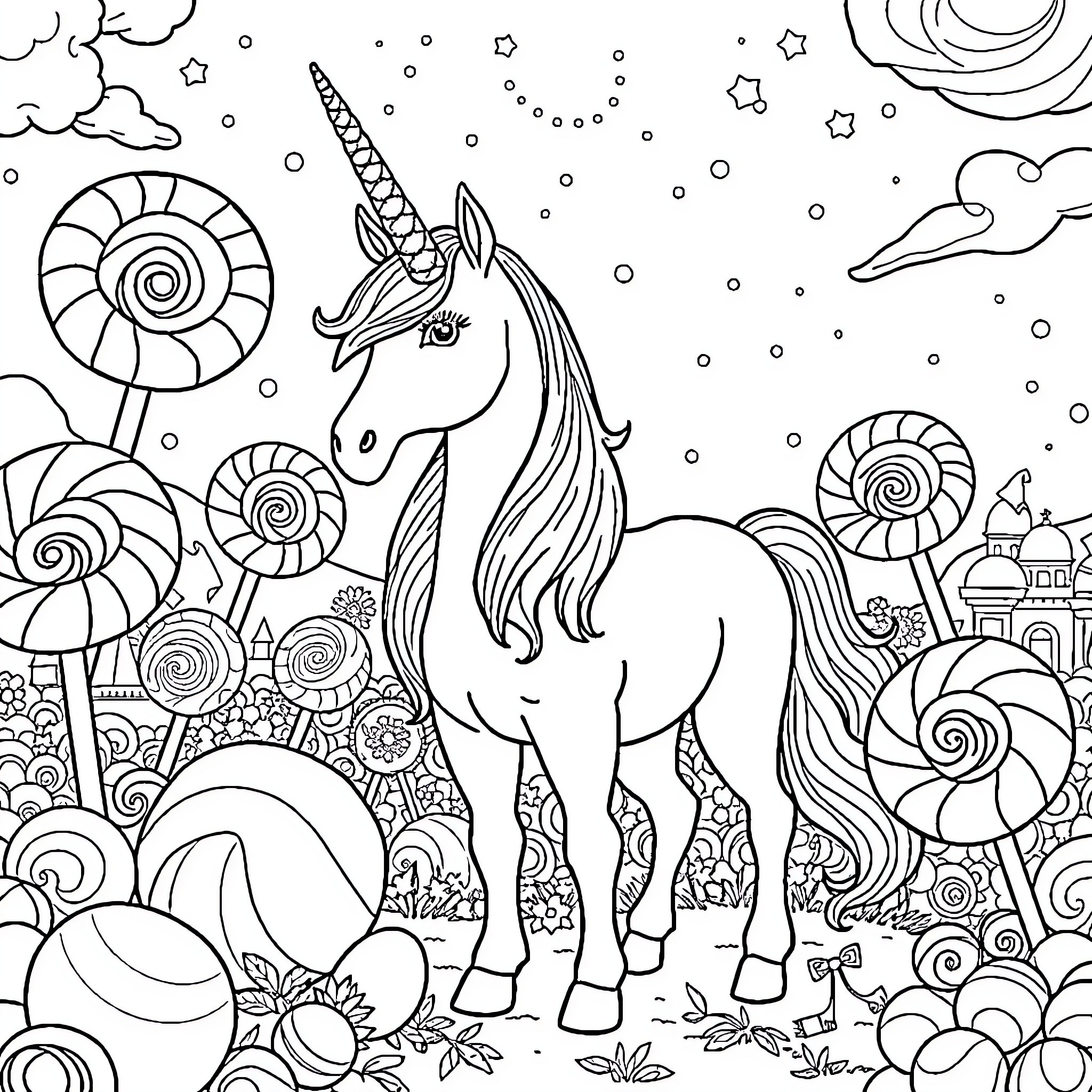 Unicorn amidst whimsical fantasy landscape Coloring Page (free black-and-white line drawing printable PDF for all, from beginners to advanced learners, including children, teens, adults, and seniors)