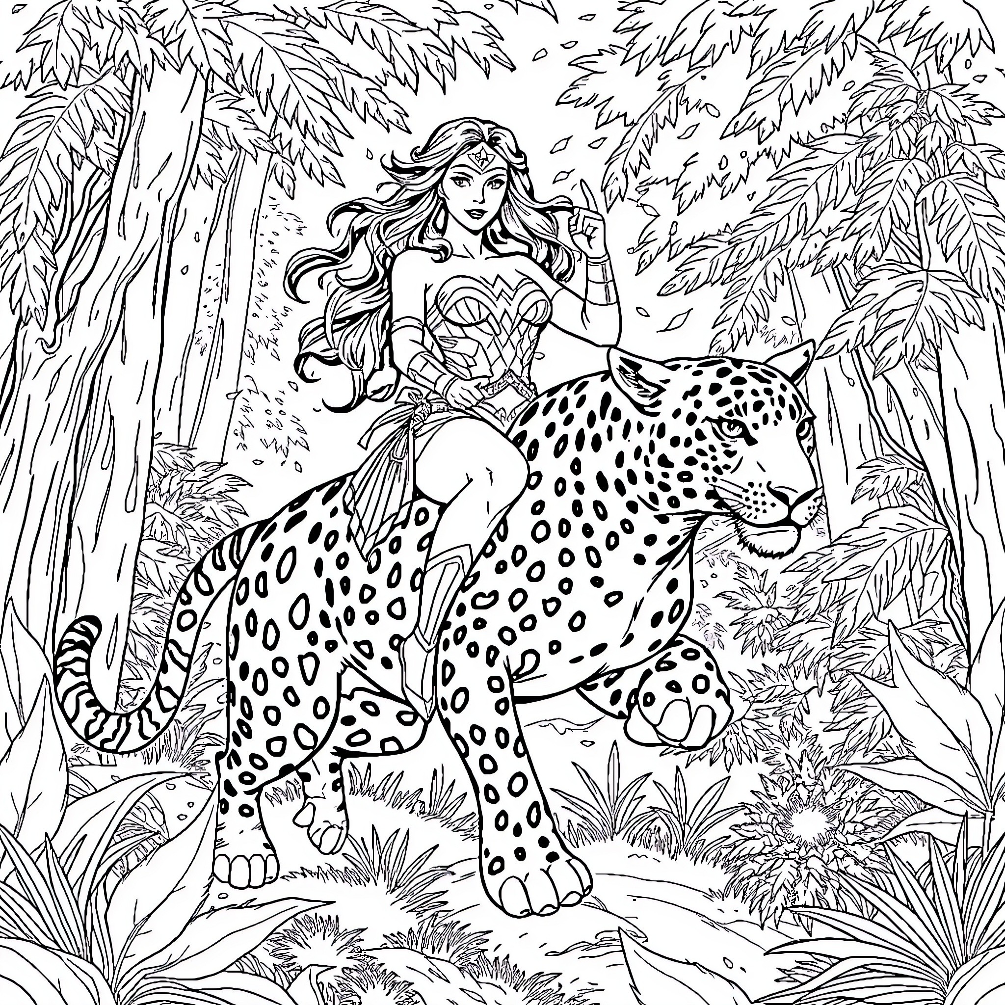Wonder Woman riding a spotted jaguar through the jungle Coloring Page (free black-and-white line drawing printable PDF for all, from beginners to advanced learners, including children, teens, adults, and seniors)
