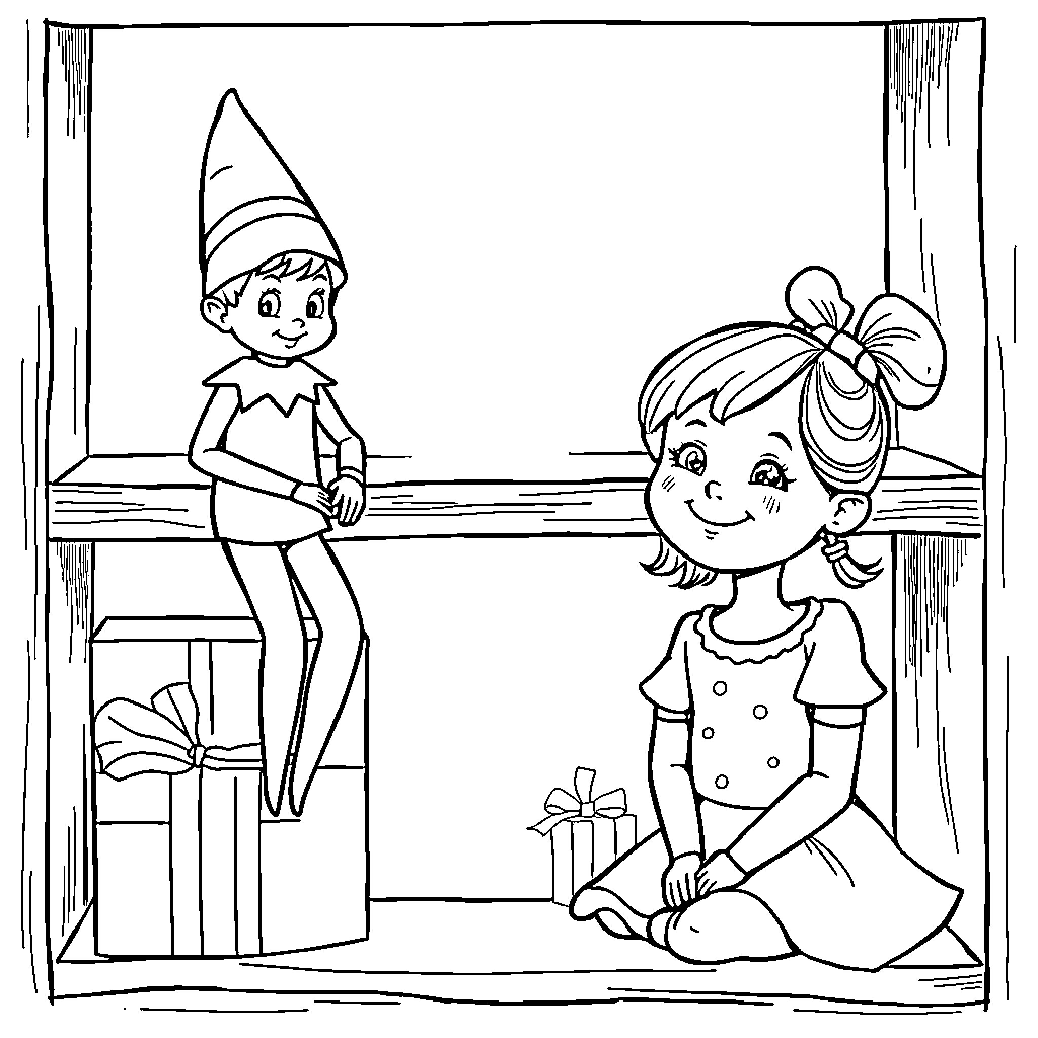 Elf friends playing happily in winter scene Coloring Page (free black-and-white line drawing printable PDF for all, from beginners to advanced learners, including children, teens, adults, and seniors)
