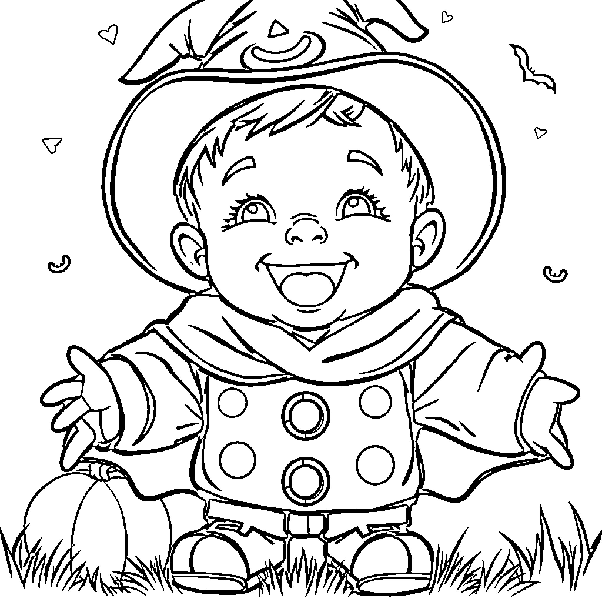 Toddler in a fun clown costume playing outside Coloring Page (free black-and-white line drawing printable PDF for all, from beginners to advanced learners, including children, teens, adults, and seniors)