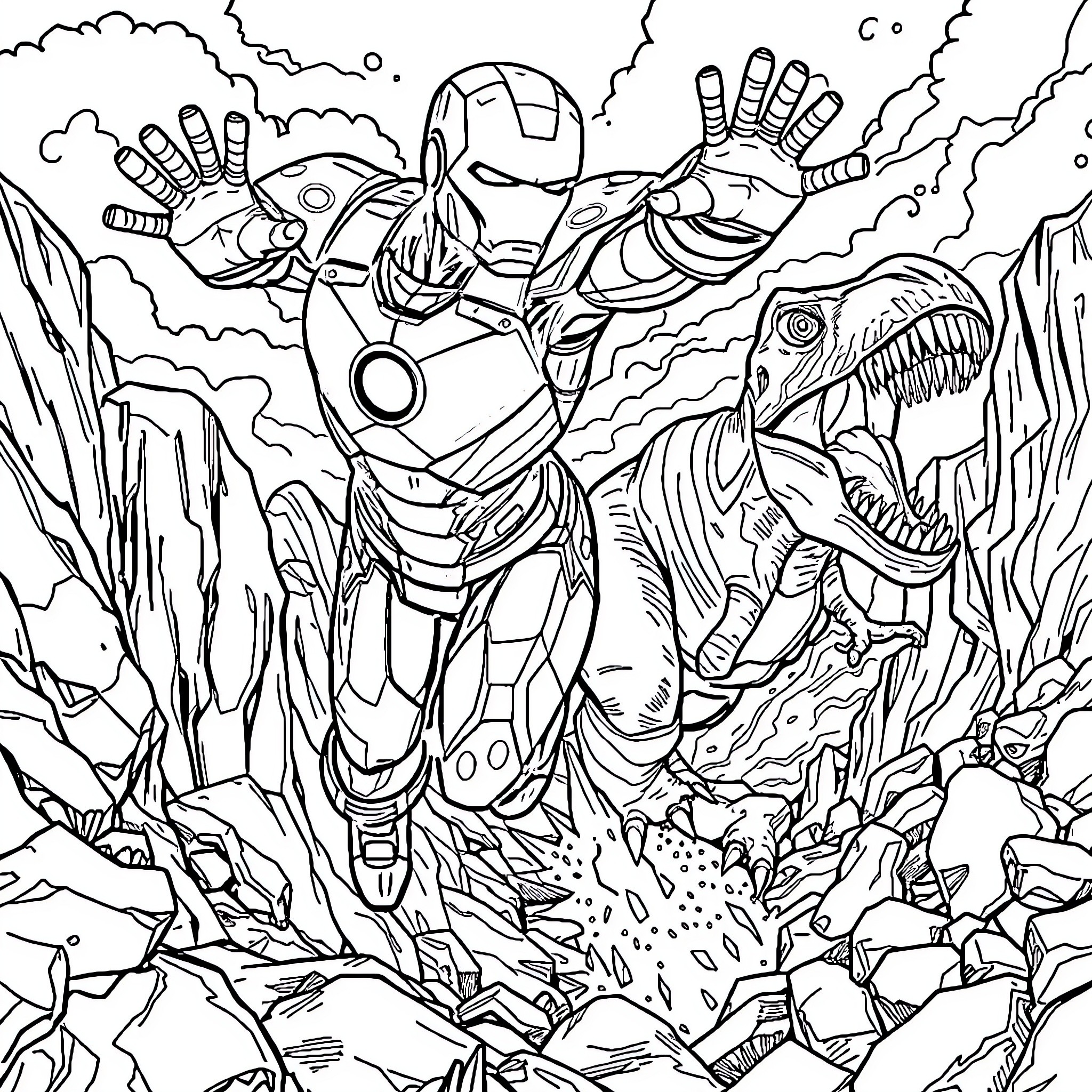 Ironman fighting ferocious dinosaur in destructive battle Coloring Page (free black-and-white line drawing printable PDF for all, from beginners to advanced learners, including children, teens, adults, and seniors)