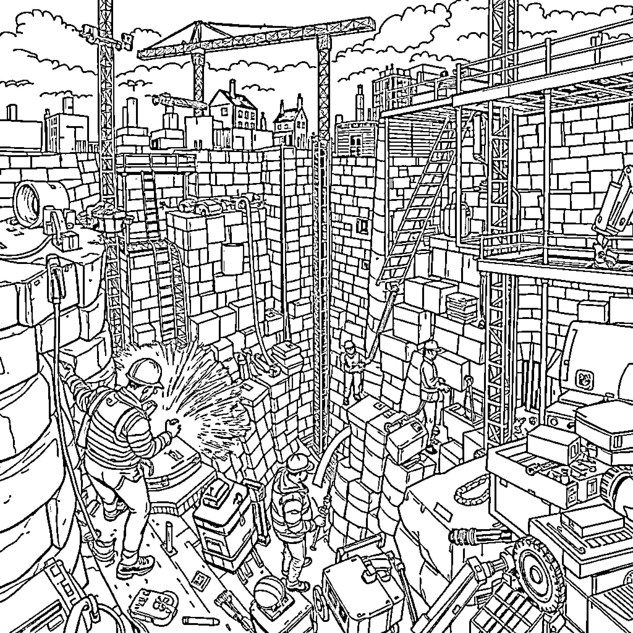 Construction Site with Busy Workers and Equipment Coloring Page (free black-and-white line drawing printable PDF for all, from beginners to advanced learners, including children, teens, adults, and seniors)