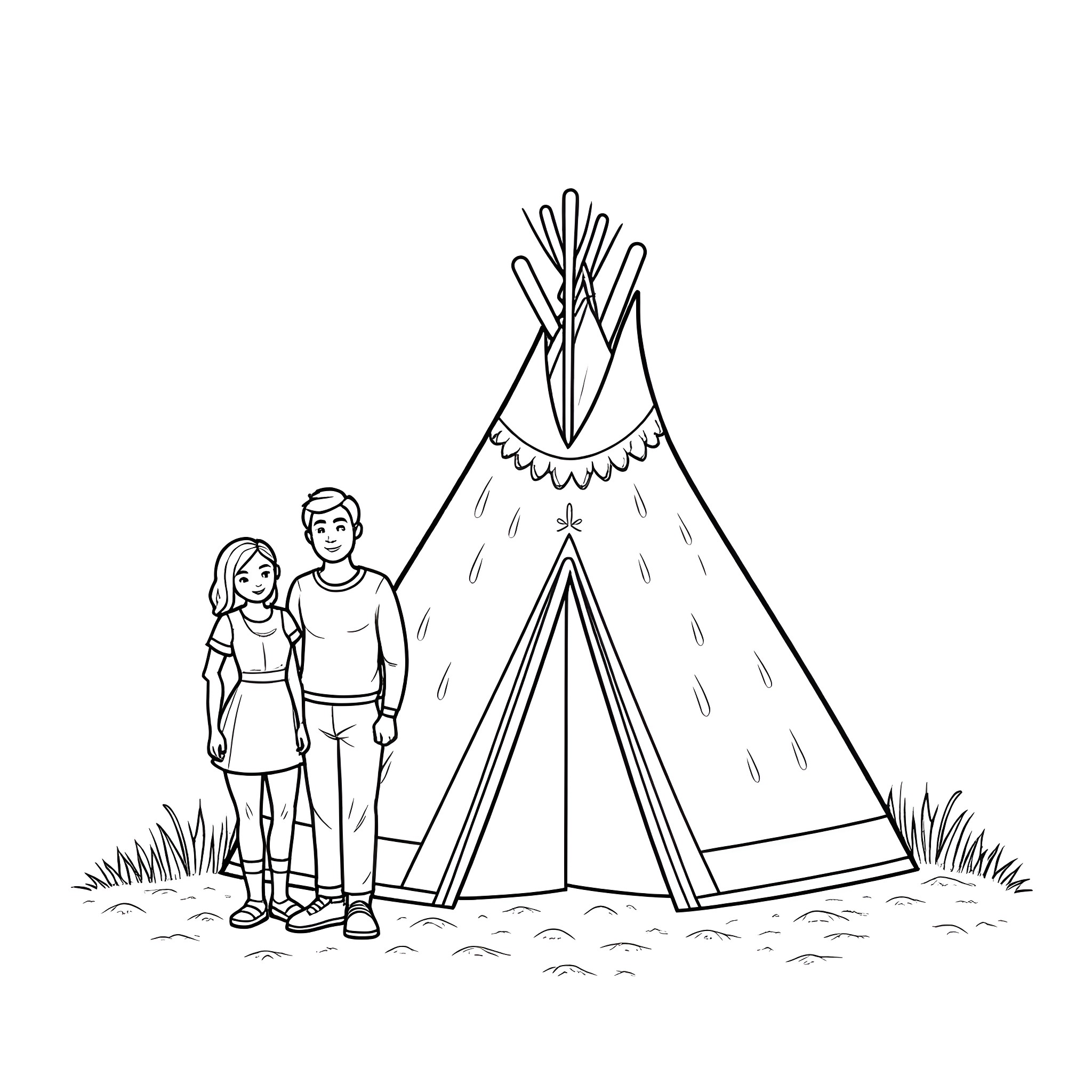 Man and Woman Standing in Front of a Teepee Coloring Page (free black-and-white line drawing printable PDF for all, from beginners to advanced learners, including children, teens, adults, and seniors)
