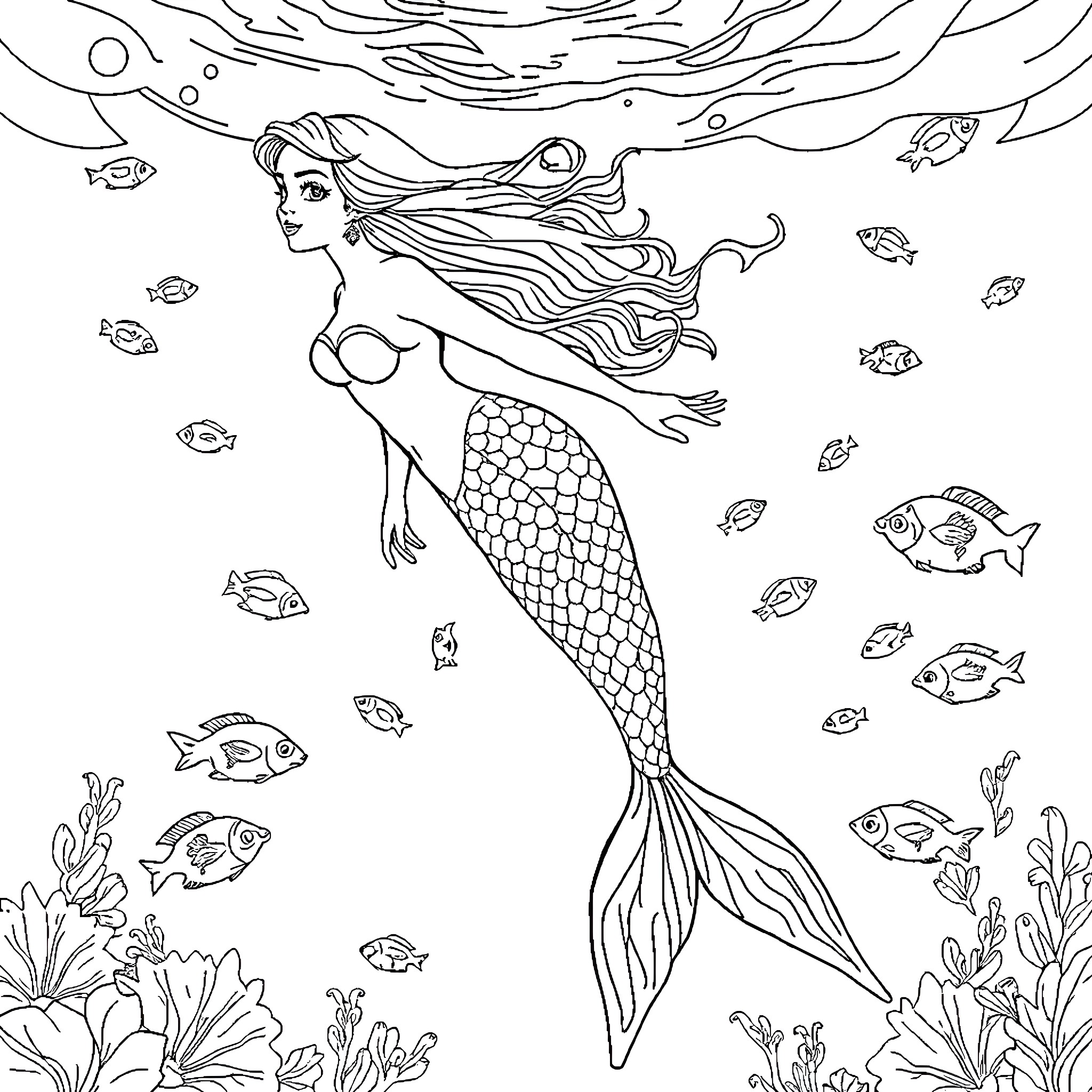 Mermaid swimming gracefully amidst marine life Coloring Page (free black-and-white line drawing printable PDF for all, from beginners to advanced learners, including children, teens, adults, and seniors)