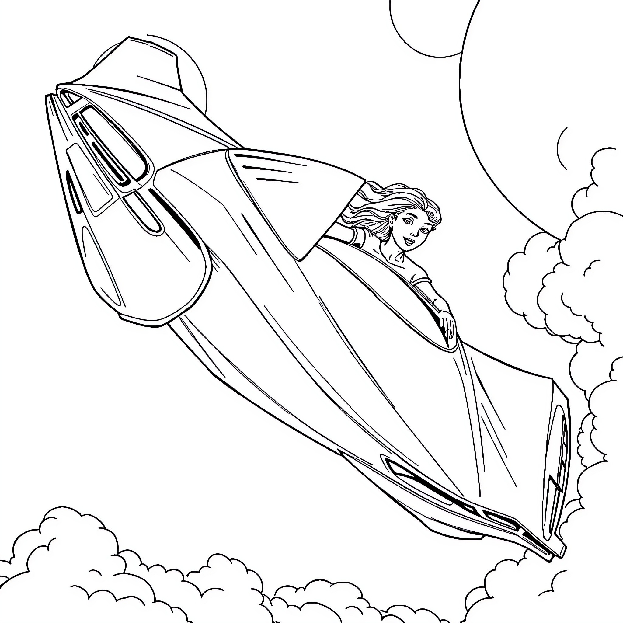 Flying Woman in a Futuristic Spacecraft Coloring Page (free black-and-white line drawing printable PDF for all, from beginners to advanced learners, including children, teens, adults, and seniors)