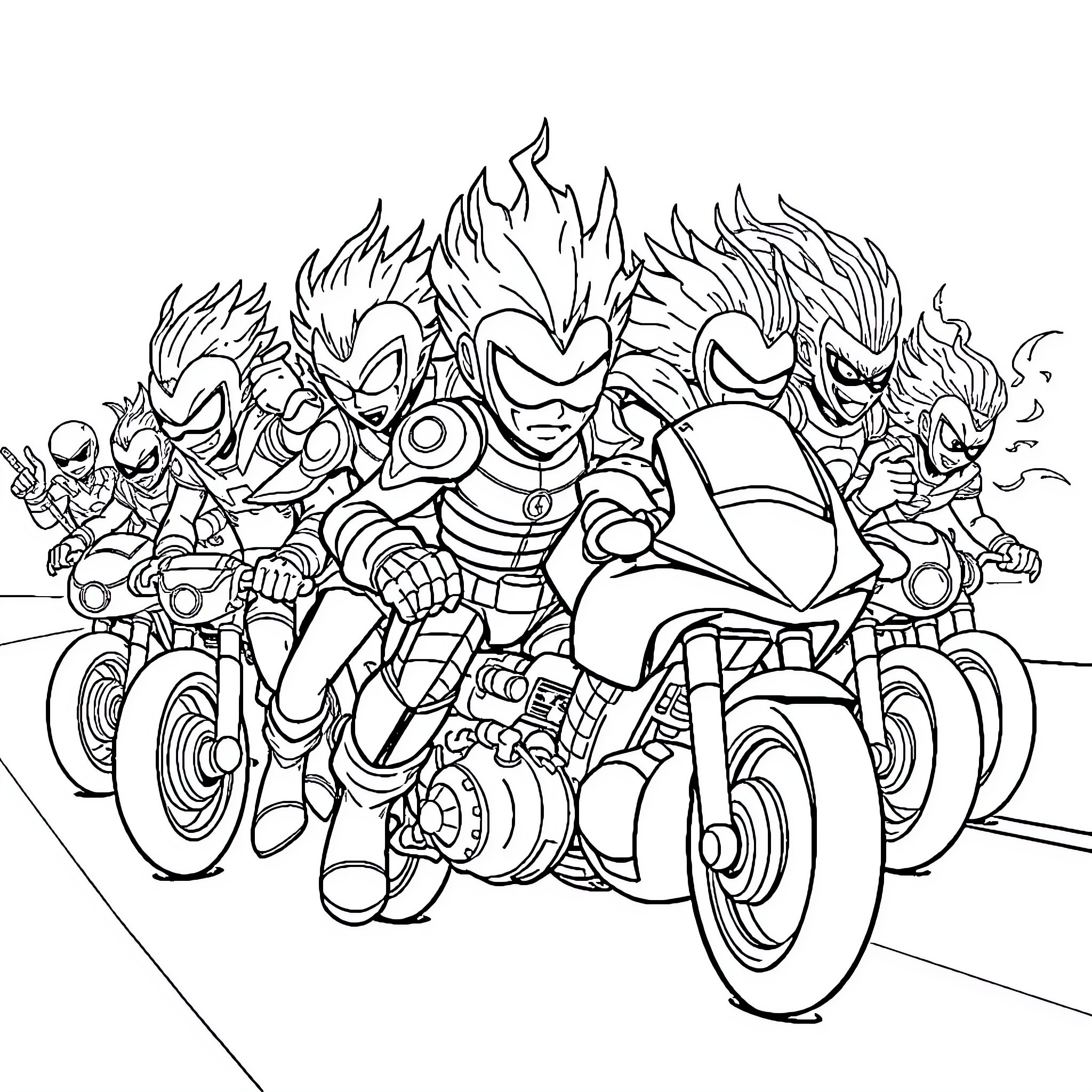 Spiderman and Goku riding motorbikes with zany expressions Coloring Page (free black-and-white line drawing printable PDF for all, from beginners to advanced learners, including children, teens, adults, and seniors)