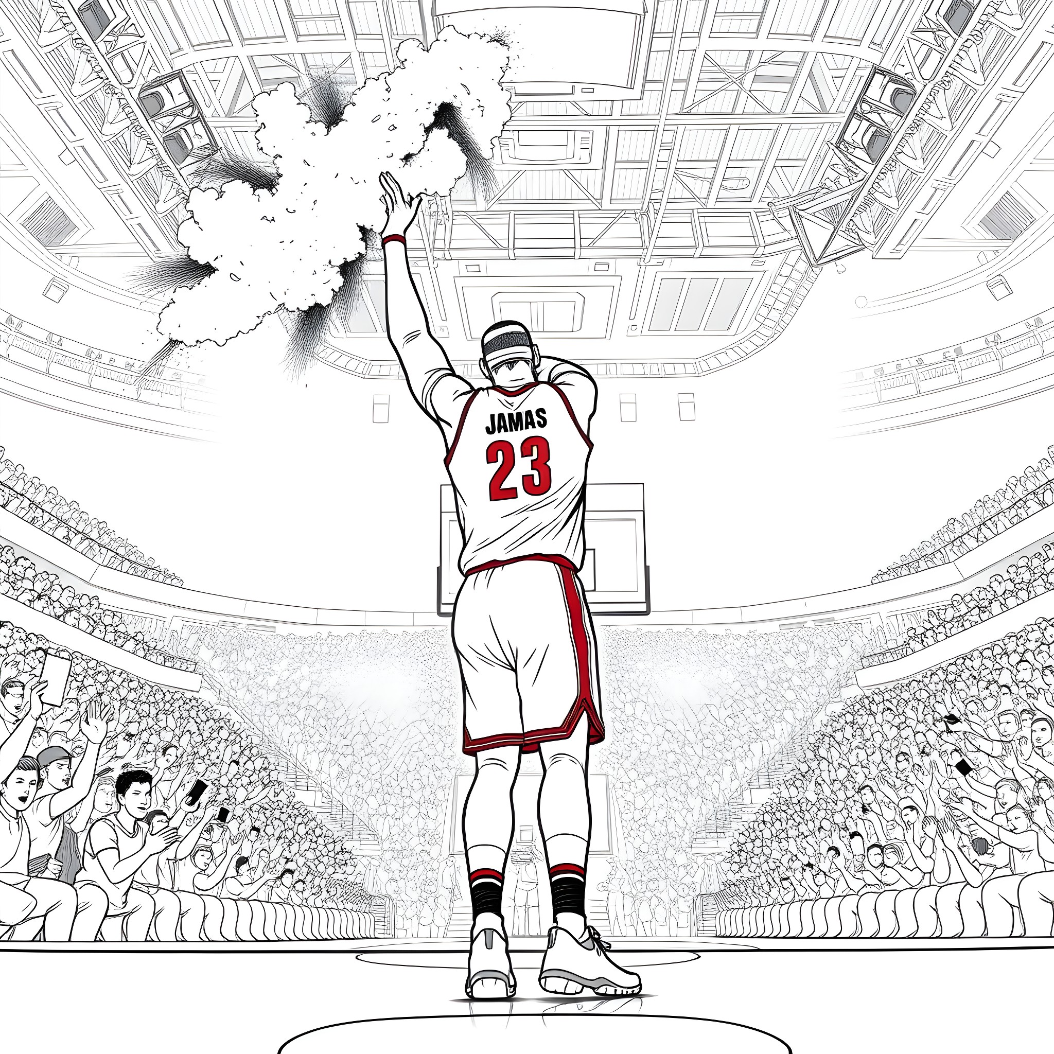 LeBron Dunking on the Basketball Court Coloring Page (free black-and-white line drawing printable PDF for all, from beginners to advanced learners, including children, teens, adults, and seniors)