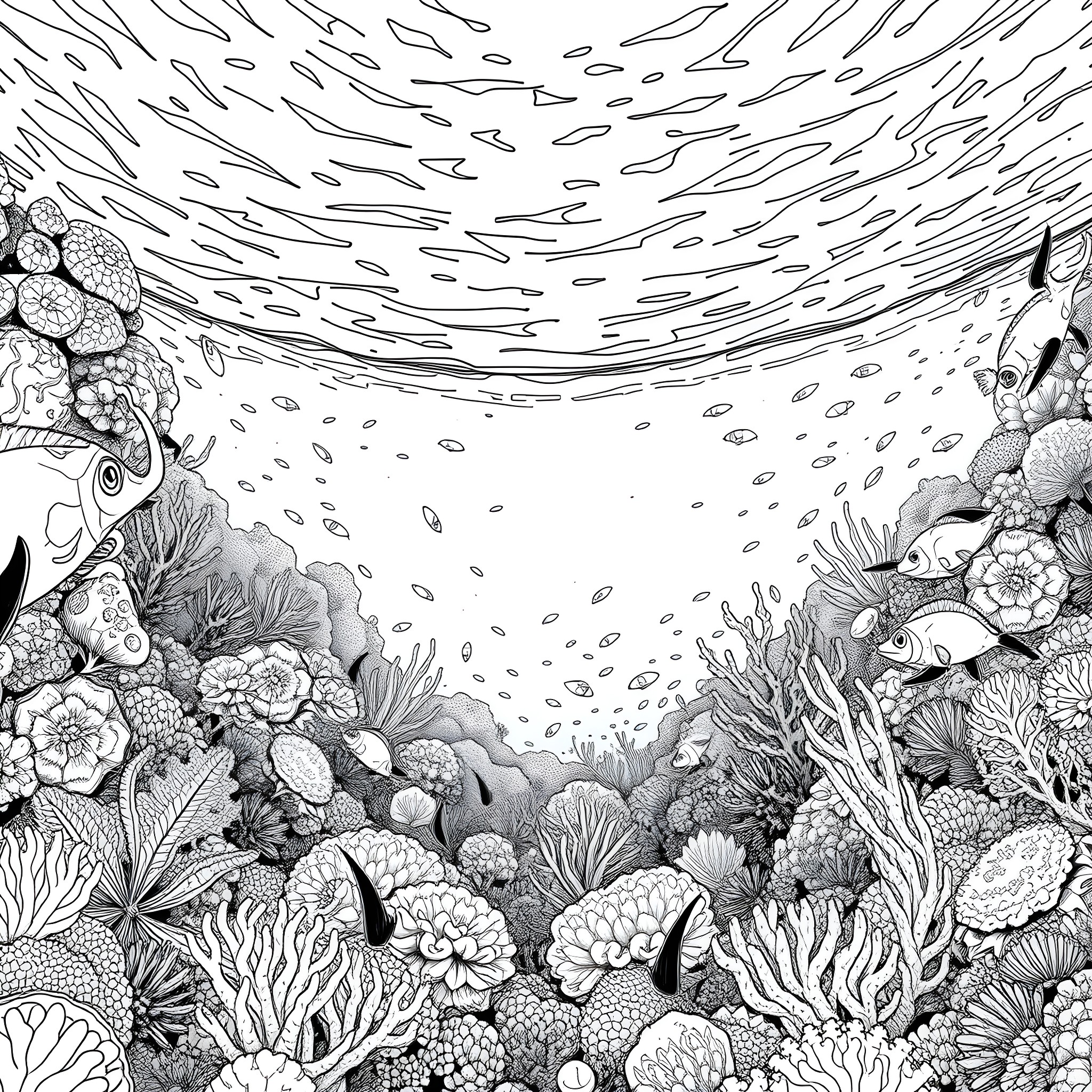 Habitat of Aquatic Flora and Fauna Coloring Page (free black-and-white line drawing printable PDF for all, from beginners to advanced learners, including children, teens, adults, and seniors)