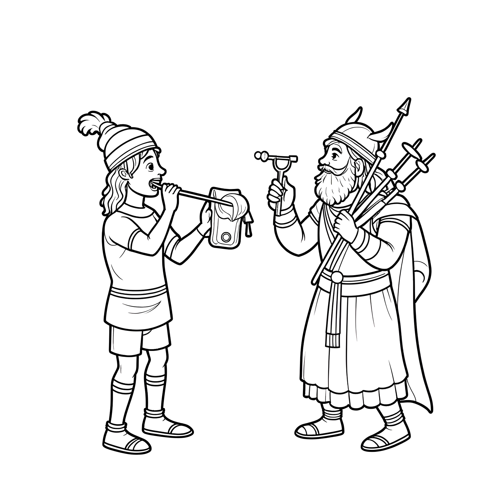Viking warriors in conversation and armed gear Coloring Page (free black-and-white line drawing printable PDF for all, from beginners to advanced learners, including children, teens, adults, and seniors)