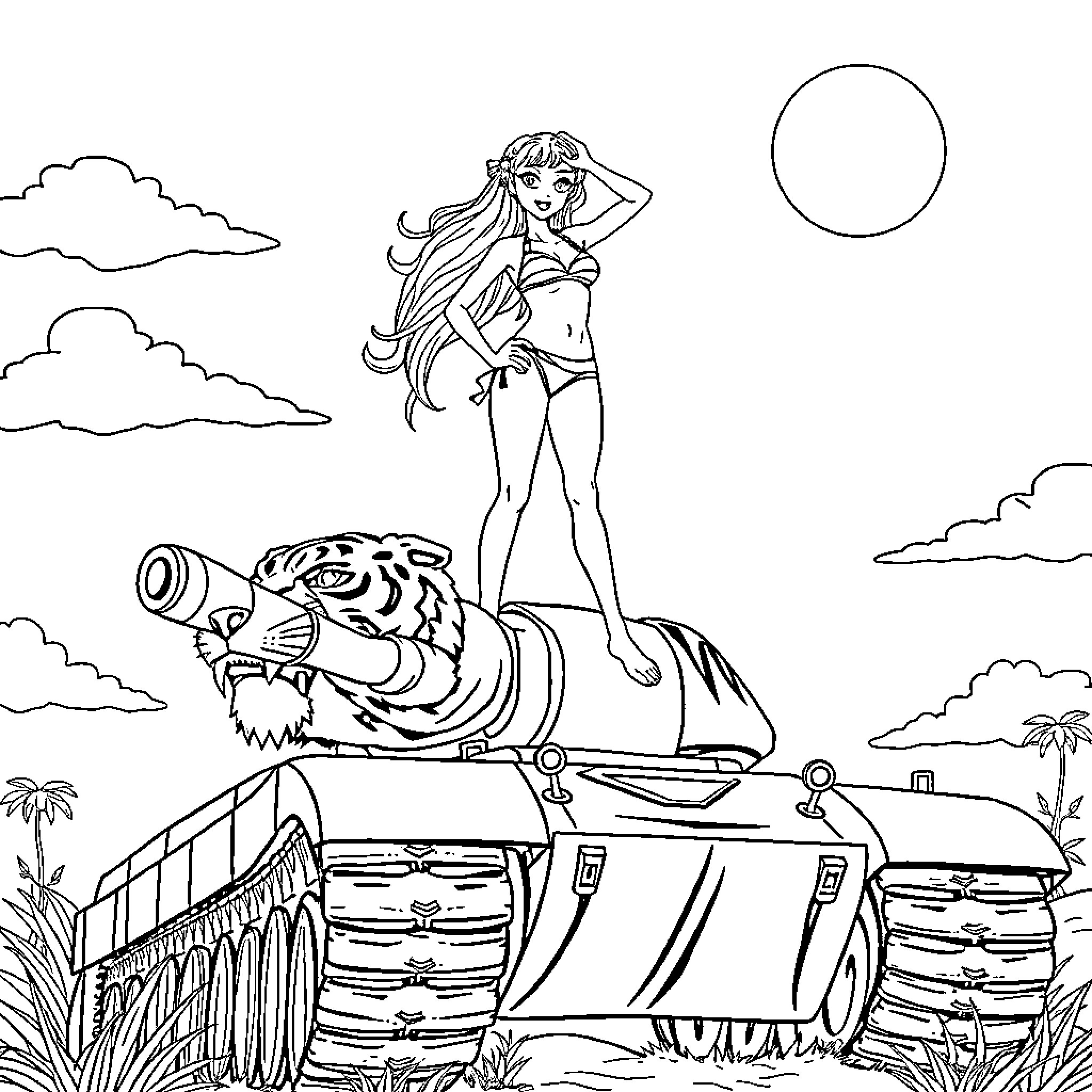 Bikini Girl riding atop an armored tank with a tiger Coloring Page (free black-and-white line drawing printable PDF for all, from beginners to advanced learners, including children, teens, adults, and seniors)