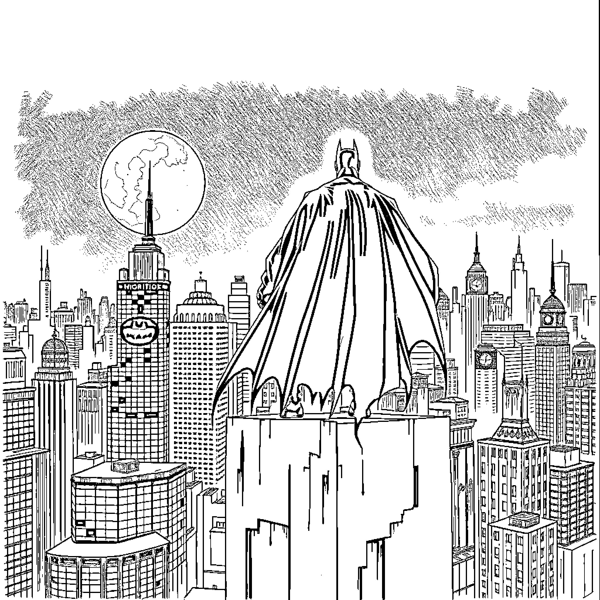 Batman watching over the bustling city Coloring Page (free black-and-white line drawing printable PDF for all, from beginners to advanced learners, including children, teens, adults, and seniors)