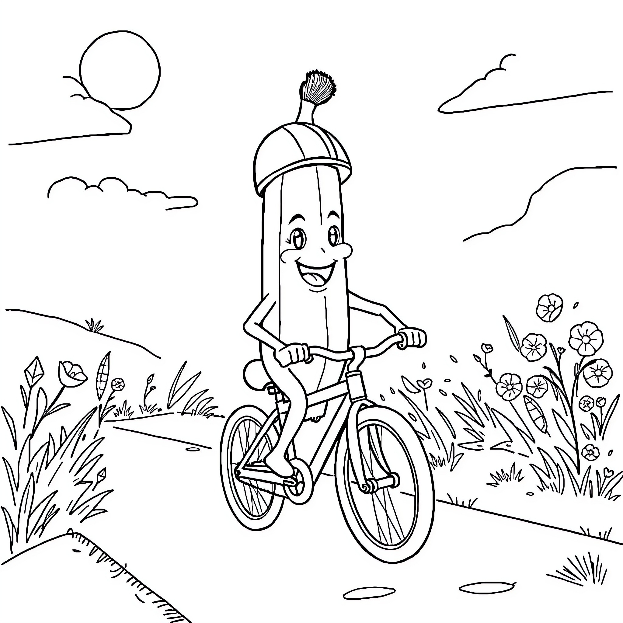 Banana riding a bicycle through a floral landscape Coloring Page (free black-and-white line drawing printable PDF for all, from beginners to advanced learners, including children, teens, adults, and seniors)