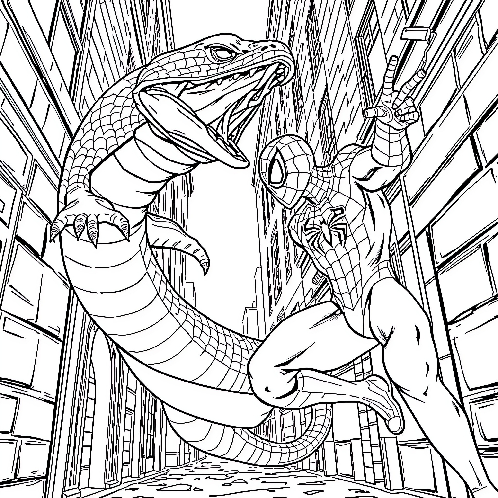 Spider-Man battles a giant snake creature Coloring Page (free black-and-white line drawing printable PDF for all, from beginners to advanced learners, including children, teens, adults, and seniors)