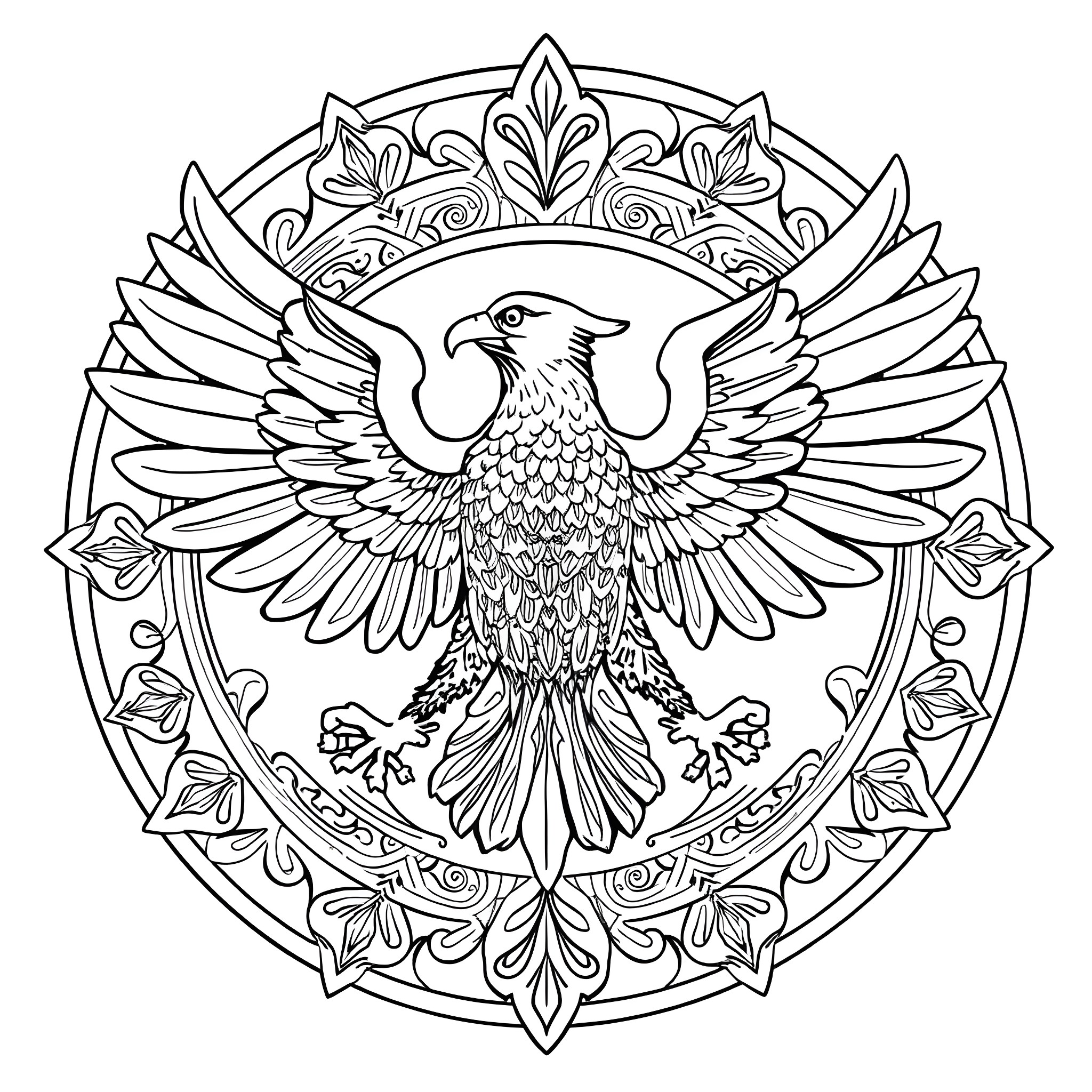 Eagle with ornate wings and crown Coloring Page (free black-and-white line drawing printable PDF for all, from beginners to advanced learners, including children, teens, adults, and seniors)