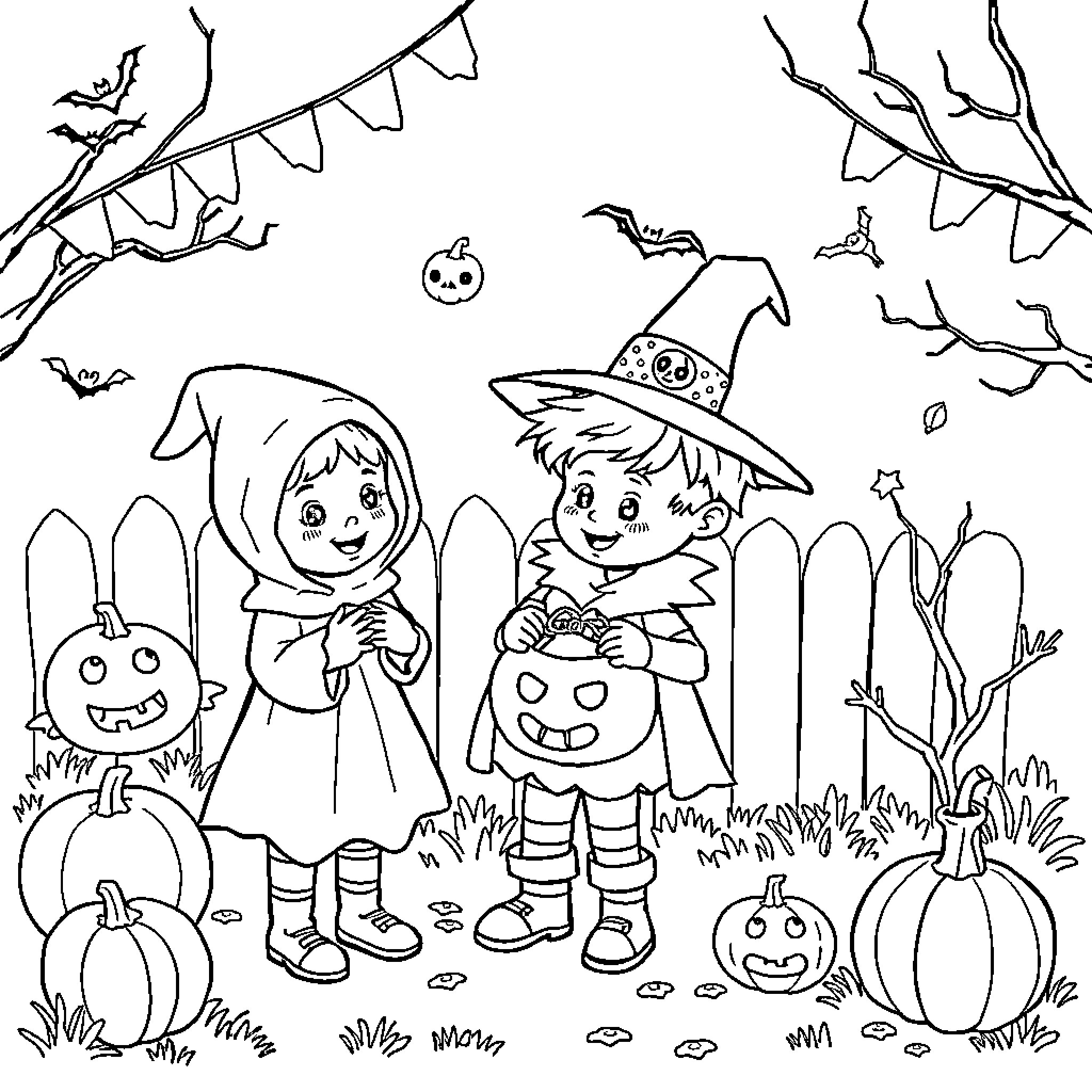 Halloween kids in costumes exploring spooky scene Coloring Page (free black-and-white line drawing printable PDF for all, from beginners to advanced learners, including children, teens, adults, and seniors)