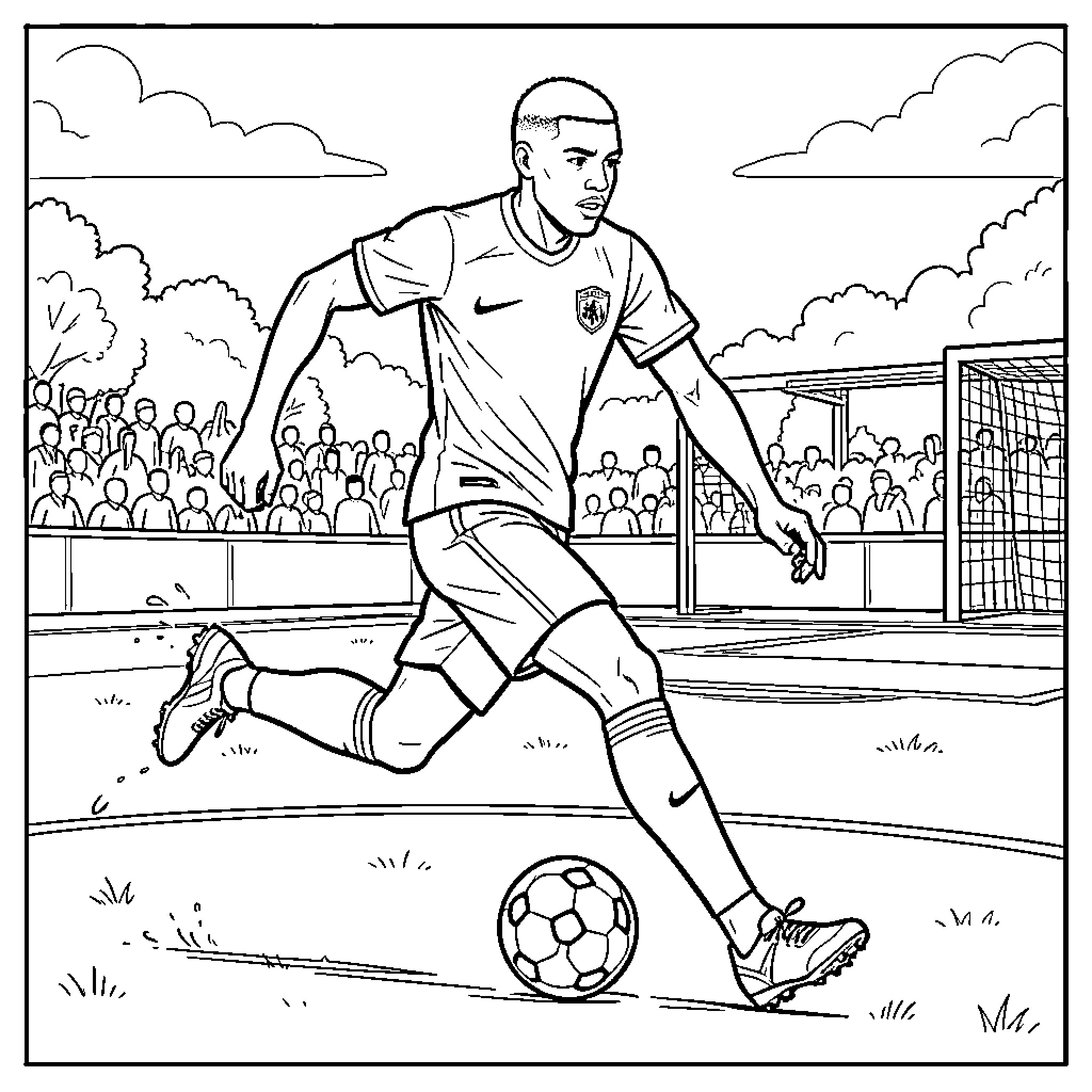 Mbappe dribbling a soccer ball during a match Coloring Page (free black-and-white line drawing printable PDF for all, from beginners to advanced learners, including children, teens, adults, and seniors)