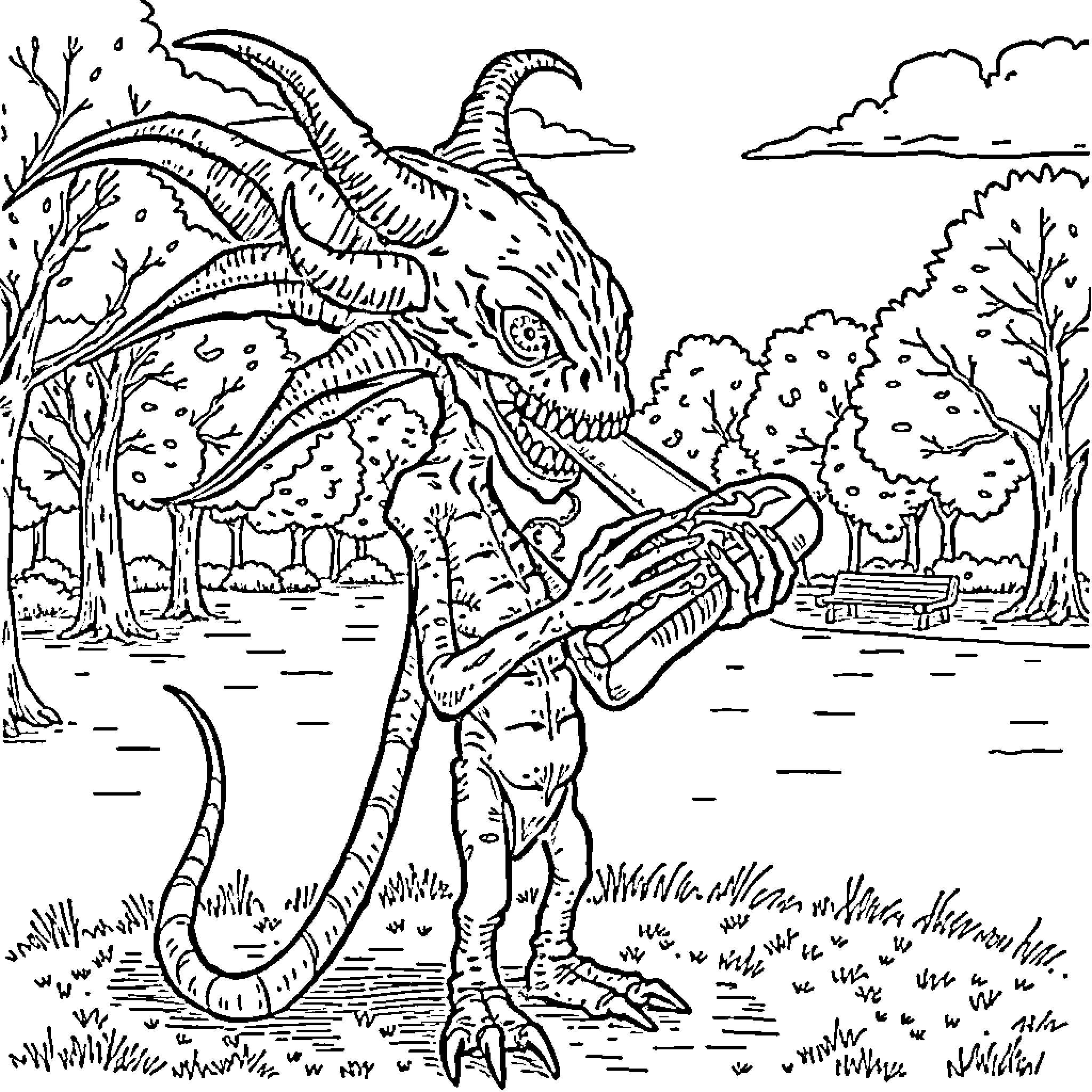 Siren Head stalks through the eerie forest Coloring Page (free black-and-white line drawing printable PDF for all, from beginners to advanced learners, including children, teens, adults, and seniors)