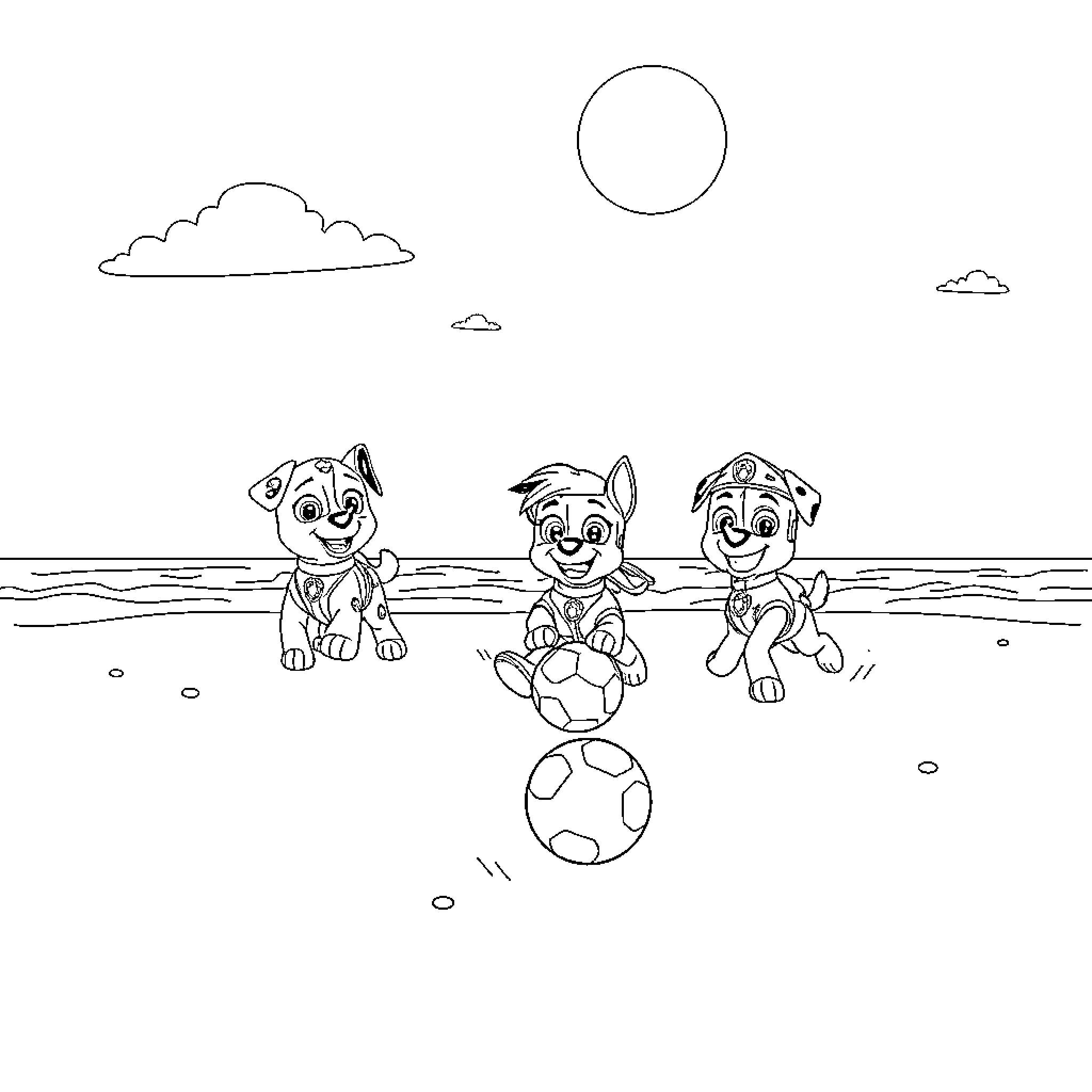 Paw Patrol puppies playing on the beach Coloring Page (free black-and-white line drawing printable PDF for all, from beginners to advanced learners, including children, teens, adults, and seniors)
