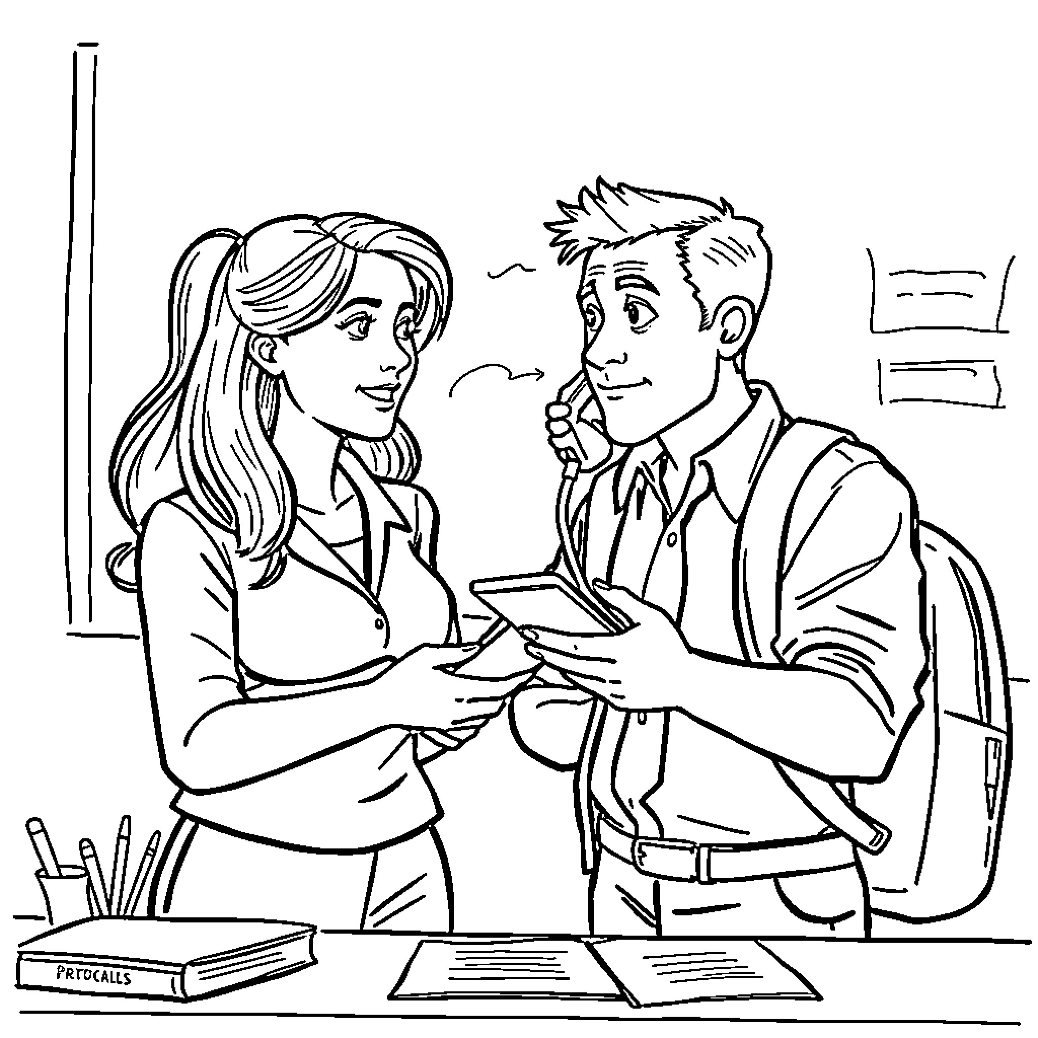 Teacher assisting student in the classroom Coloring Page (free black-and-white line drawing printable PDF for all, from beginners to advanced learners, including children, teens, adults, and seniors)