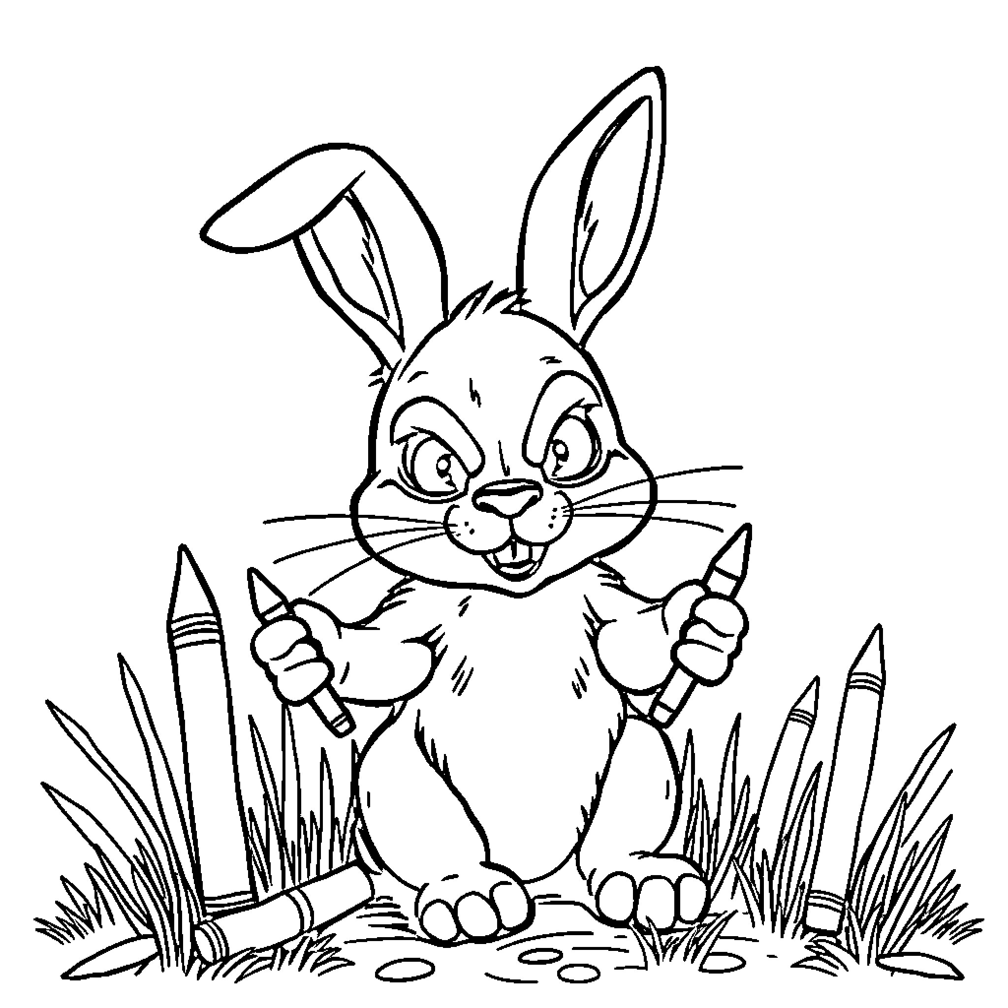 Bunny happily holding crayons in a grassy field Coloring Page (free black-and-white line drawing printable PDF for all, from beginners to advanced learners, including children, teens, adults, and seniors)