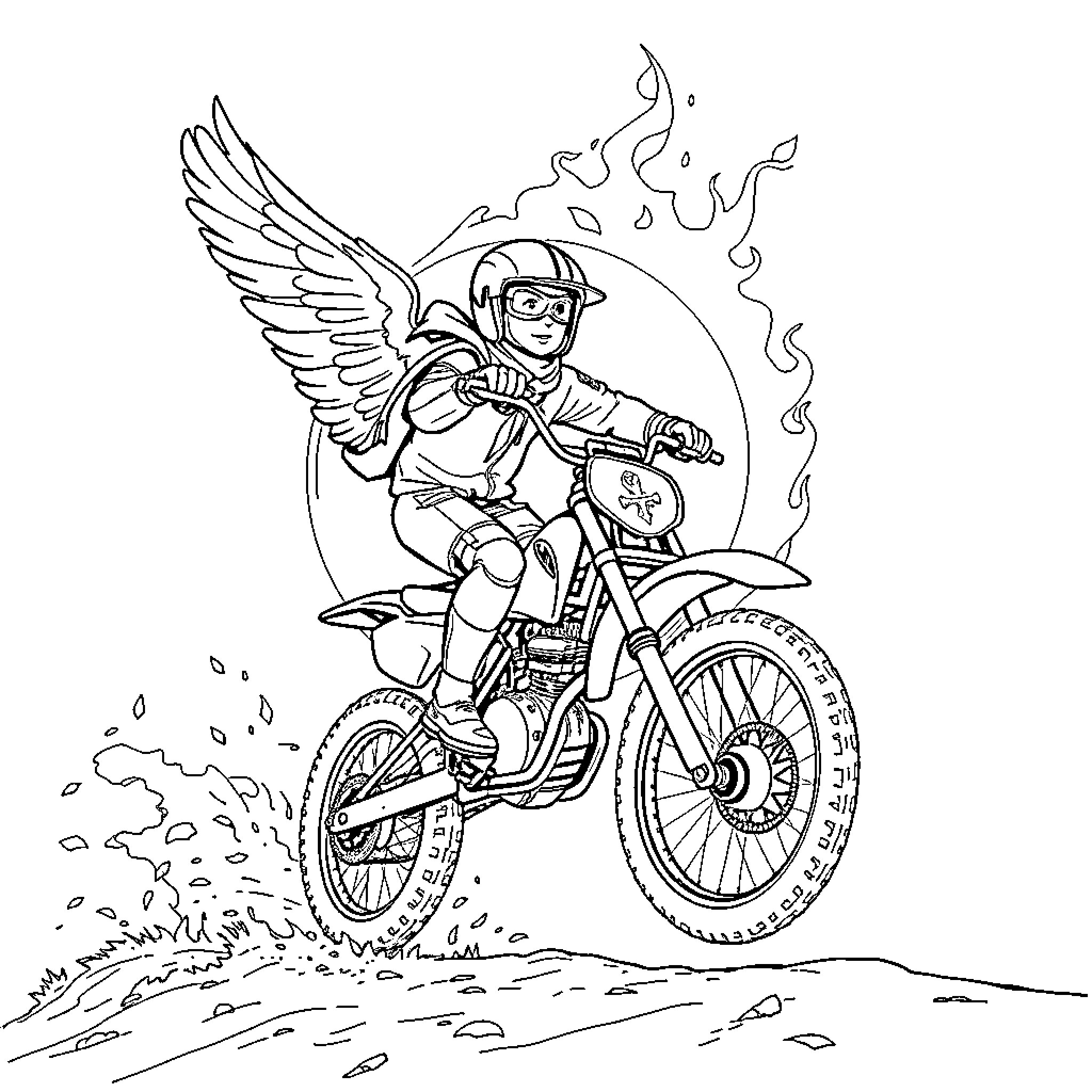 Bike rider with wings soaring through the air Coloring Page (free black-and-white line drawing printable PDF for all, from beginners to advanced learners, including children, teens, adults, and seniors)