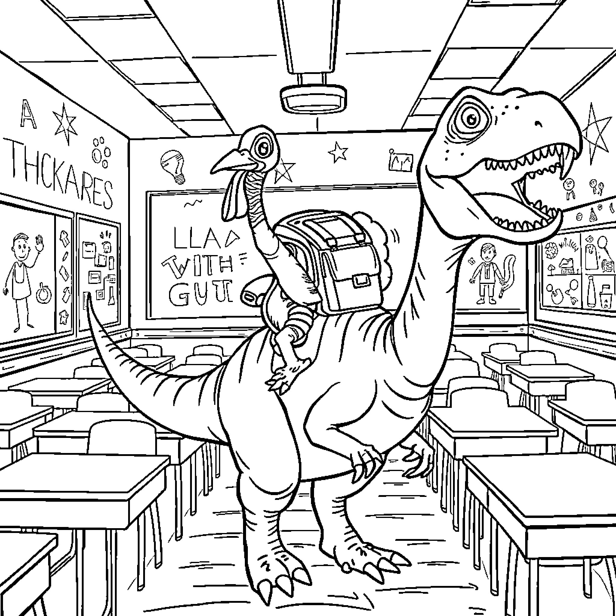 Turkey Dinosaur Roaming Classroom with Backpack Coloring Page (free black-and-white line drawing printable PDF for all, from beginners to advanced learners, including children, teens, adults, and seniors)