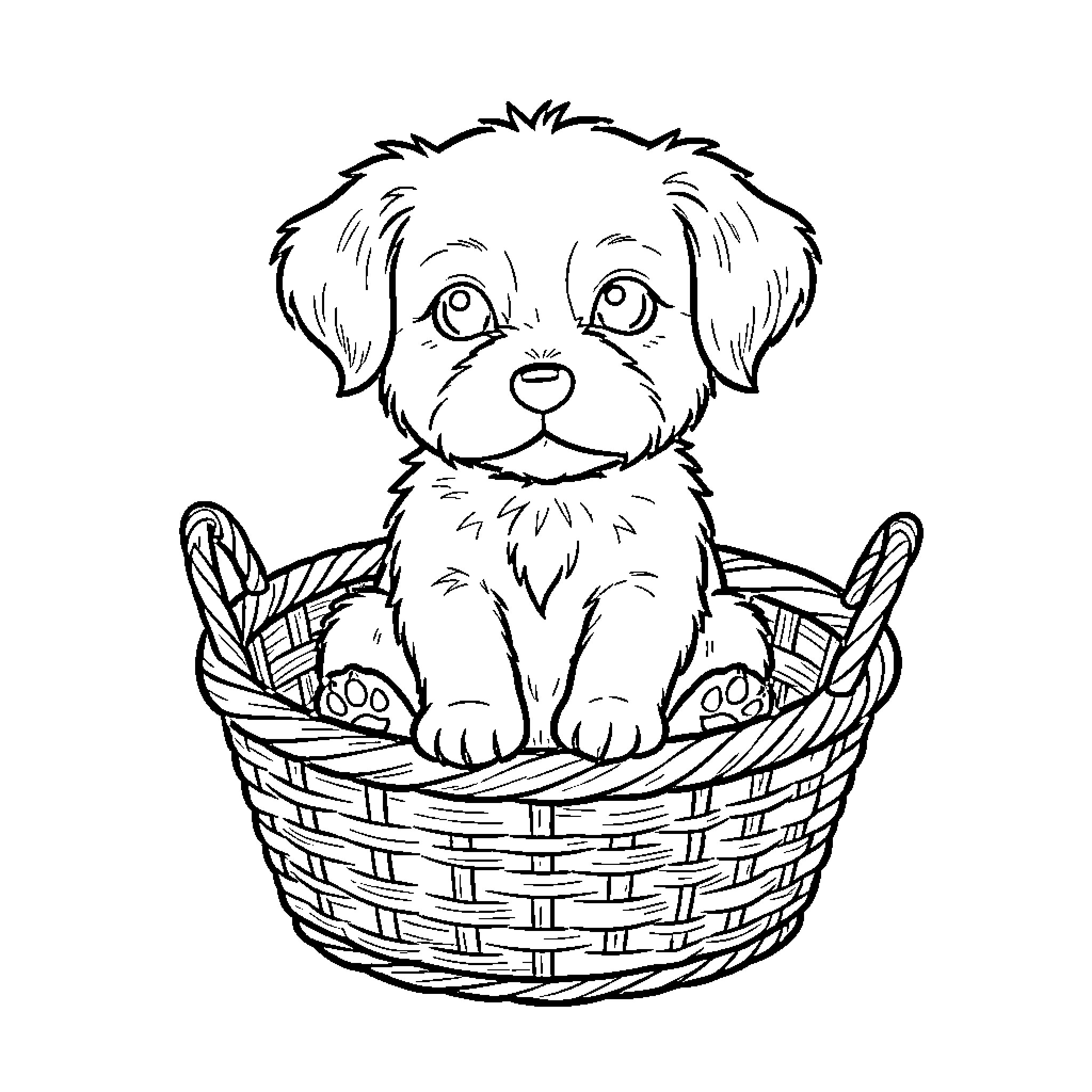 Dog sitting calmly inside a small woven basket Coloring Page (free black-and-white line drawing printable PDF for all, from beginners to advanced learners, including children, teens, adults, and seniors)