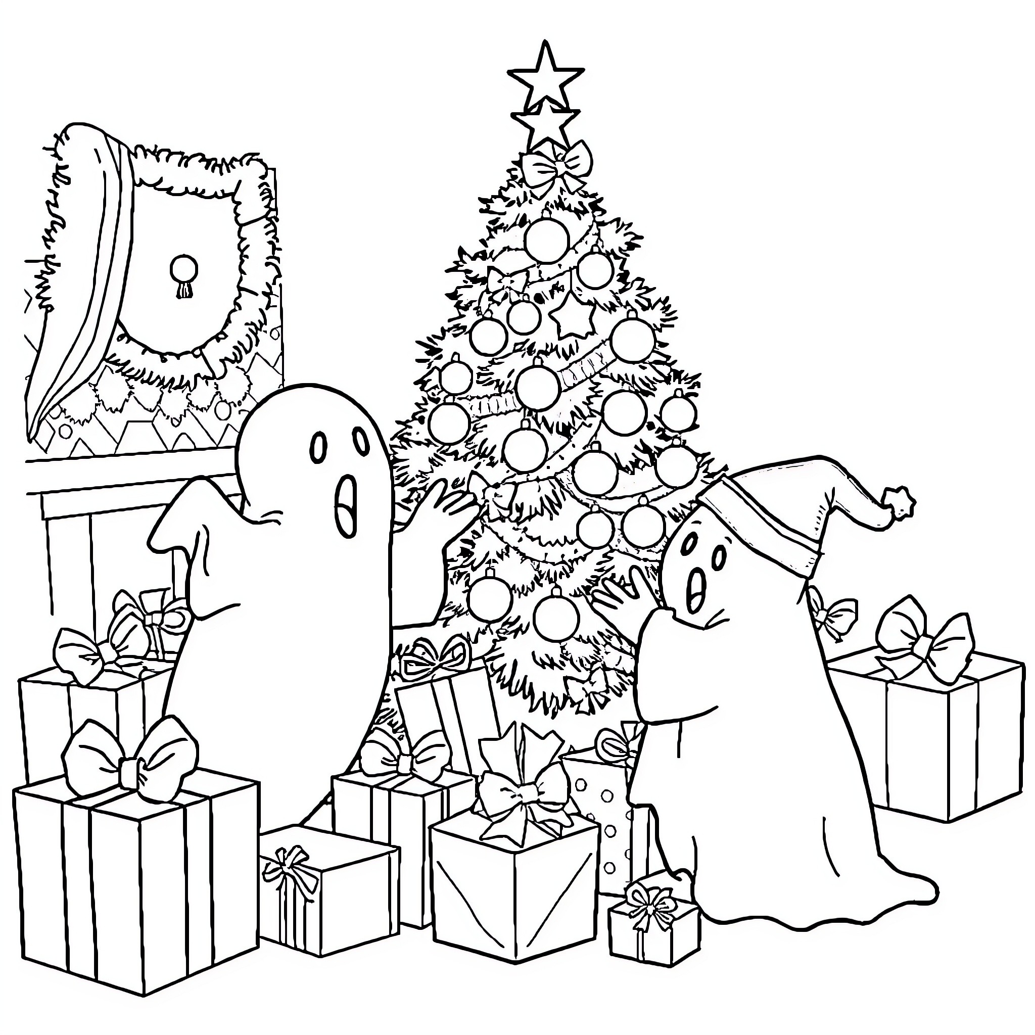 Ghost celebrating Christmas with tree and gifts Coloring Page (free black-and-white line drawing printable PDF for all, from beginners to advanced learners, including children, teens, adults, and seniors)