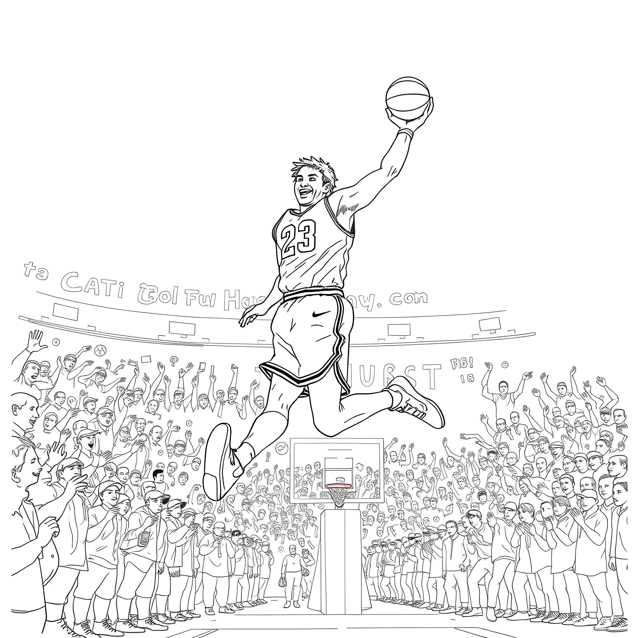 Jalen Hurts' Impressive Basketball Performance Thrills Crowd Coloring Page (free black-and-white line drawing printable PDF for all, from beginners to advanced learners, including children, teens, adults, and seniors)